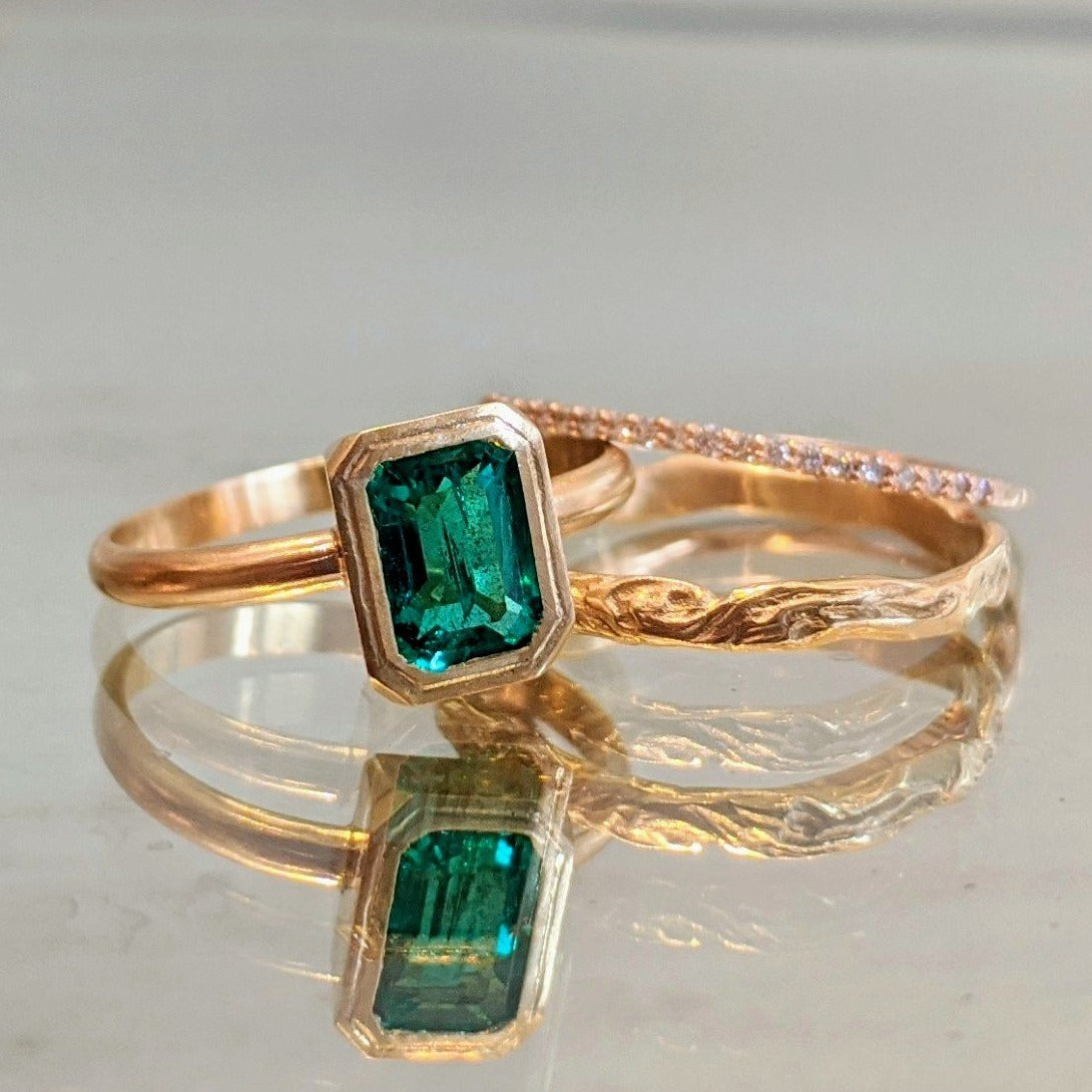 14k gold bezel, handmade bezel, handmade ring, emerald gemstone, emerald cut emerald, natural emerald, emerald gemstone ring, emerald bezel ring, clean girl aesthetic, timeless jewelry, bezel ring, modern design, vintage inspired, handmade 14k gold ring, custom design jewelry, victorian vine ring, victorian inspired wedding band, antique inspired jewelry, 14k gold diamond band, pave band, antique inspired diamond ring