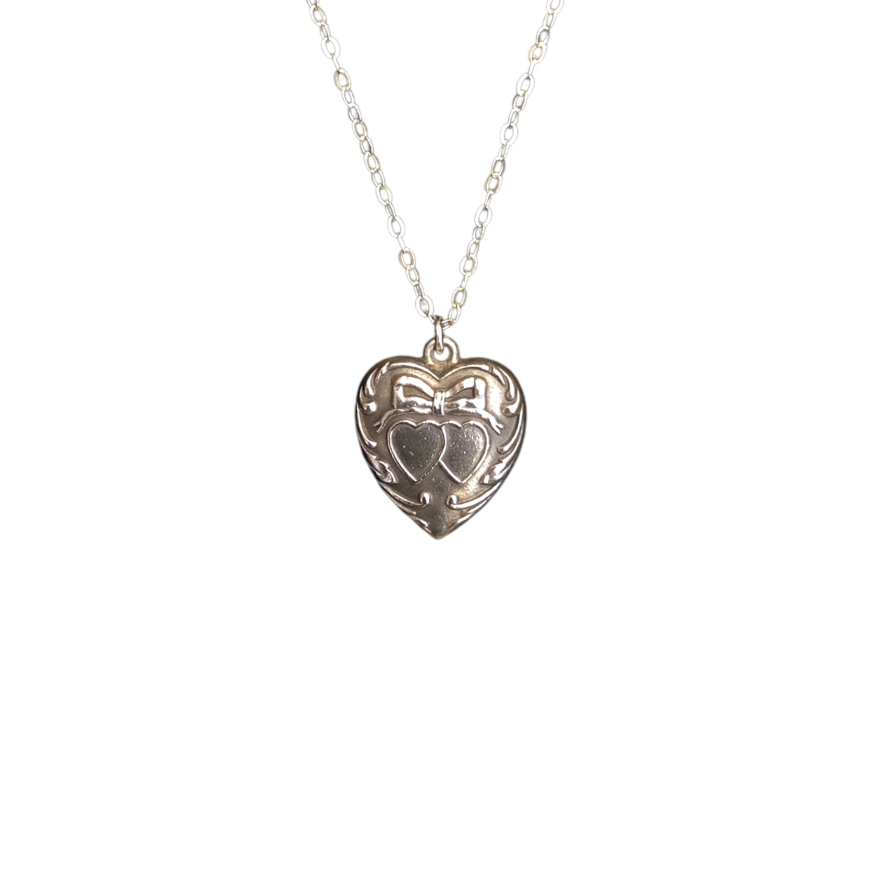 Antique Incredibly Sweet Double Heart and Bow Necklace