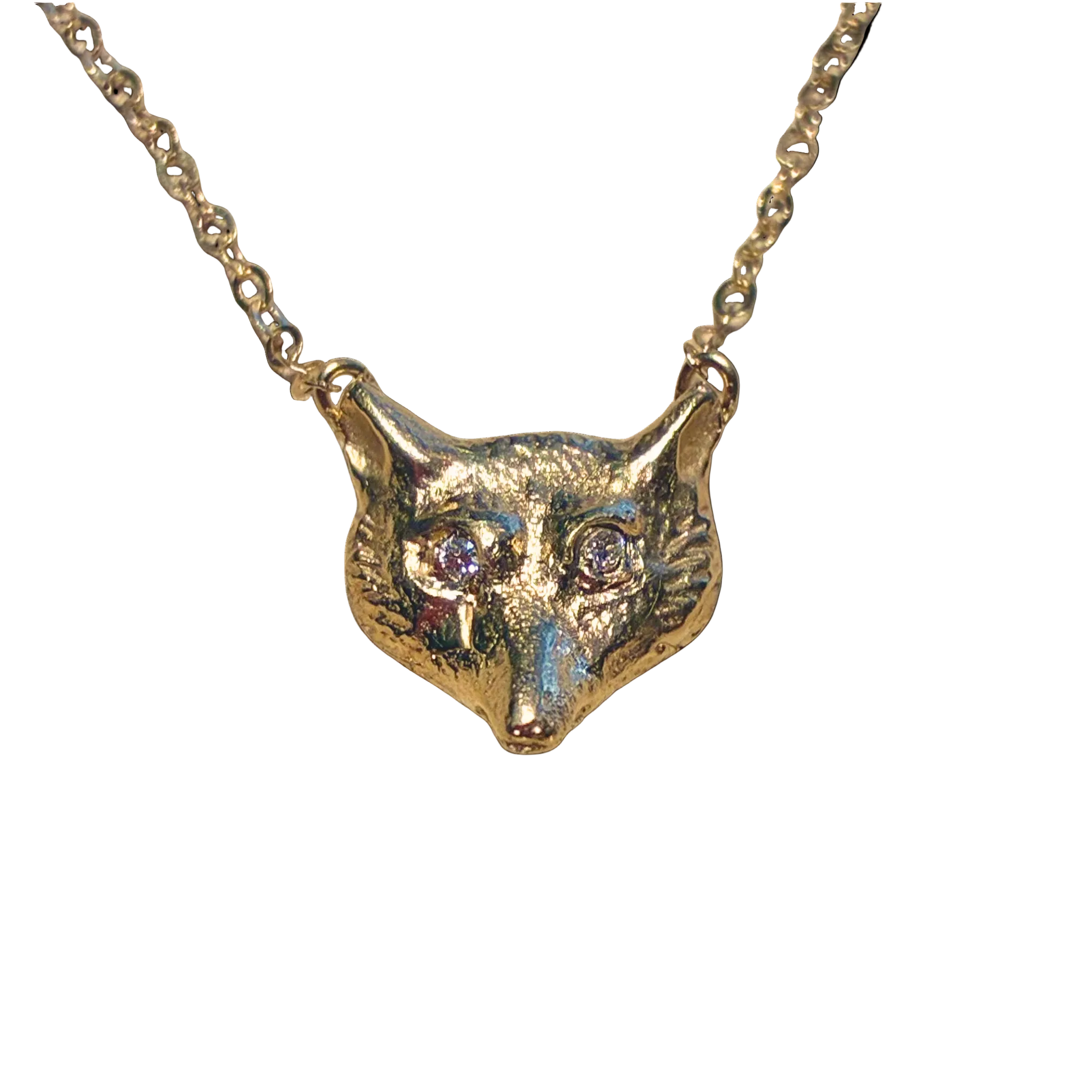 14k Yellow Gold Fox Necklace with Diamond Eyes