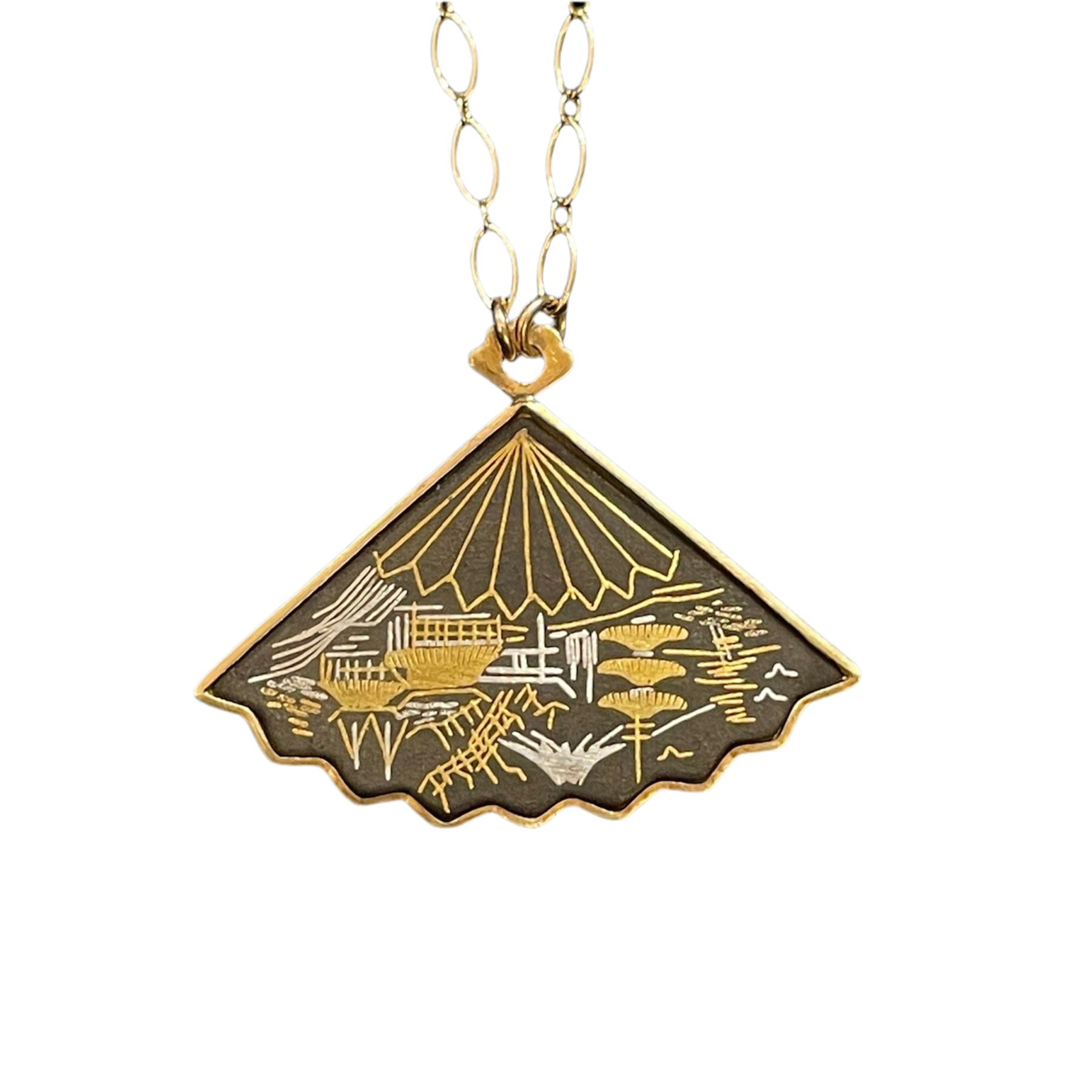 Vintage Damascene Fan Necklace