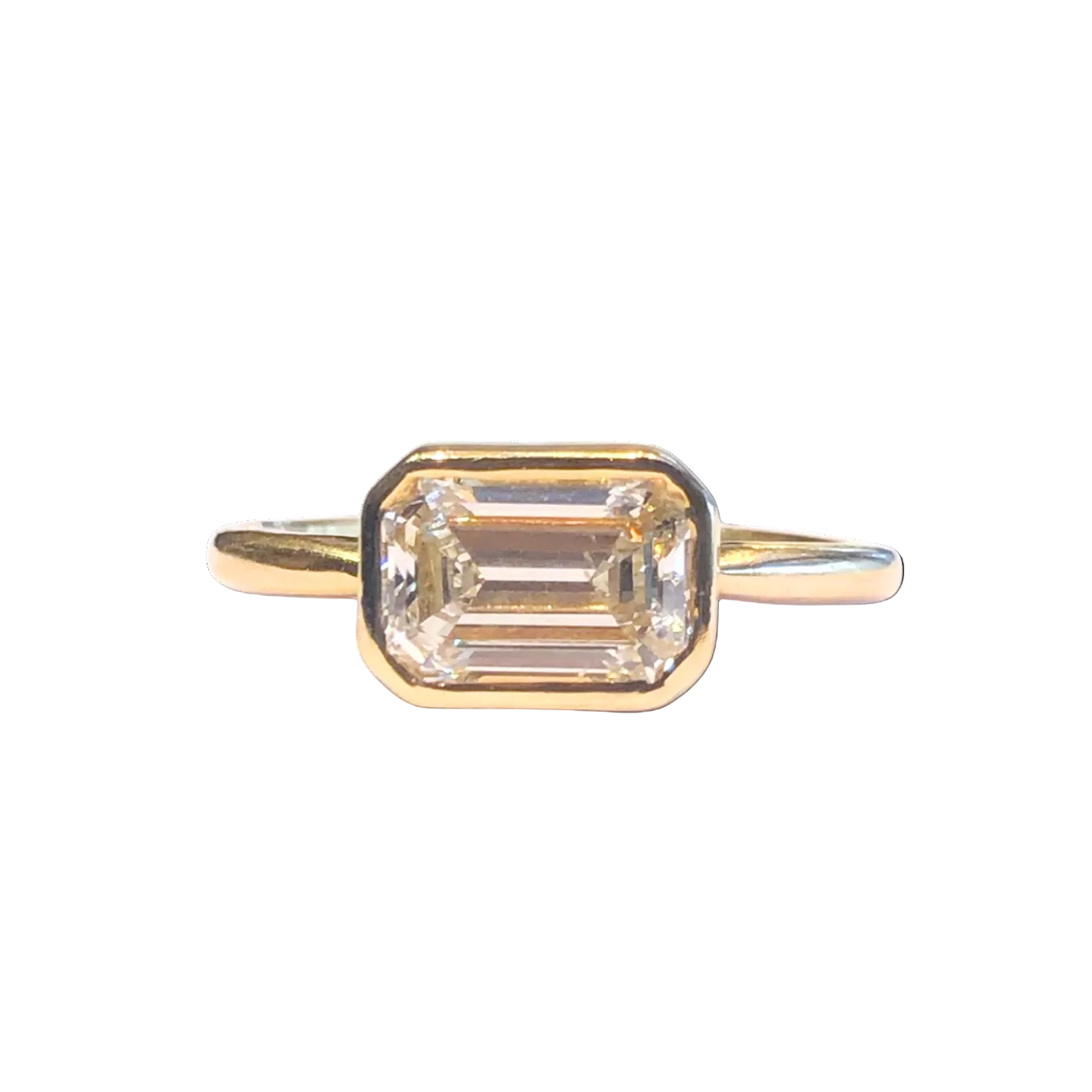 14k yellow gold, ring, jewelry, engagement ring, diamond ring, solitaire, bezel-set, natural diamond, custom jewelry, fine jewelry, gem, gemstone, east-west, gold, gold ring, handmade jewelry, hand-crafted, precious gem, rebekah brooks jewelry, northampton, cambridge