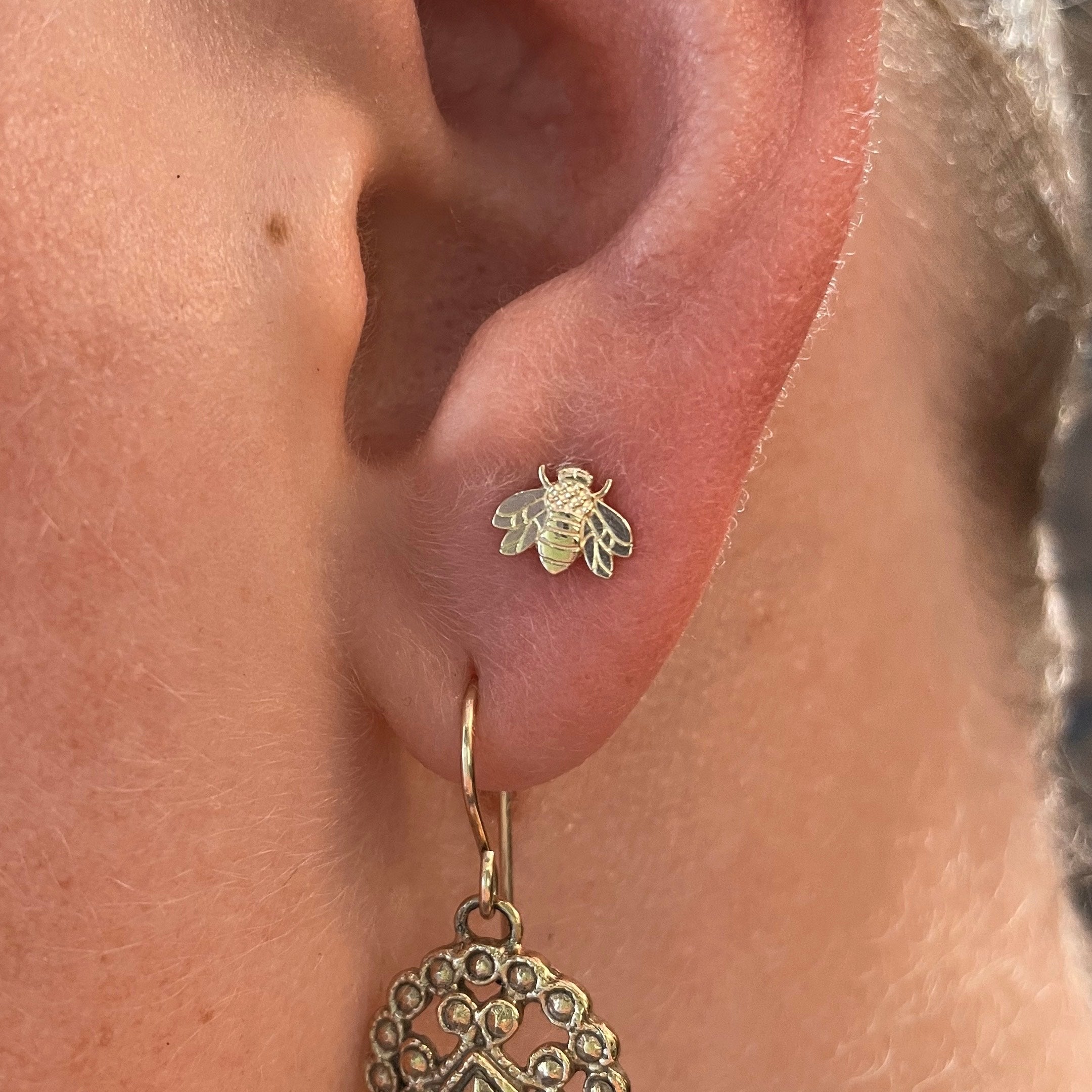 jewelry, gold jewelry, 14k gold jewelry, 14k gold, gold, yellow gold, earrings, 14k gold earrings, gold earrings, nature inspired earrings, nature inspired jewelry, bee earrings