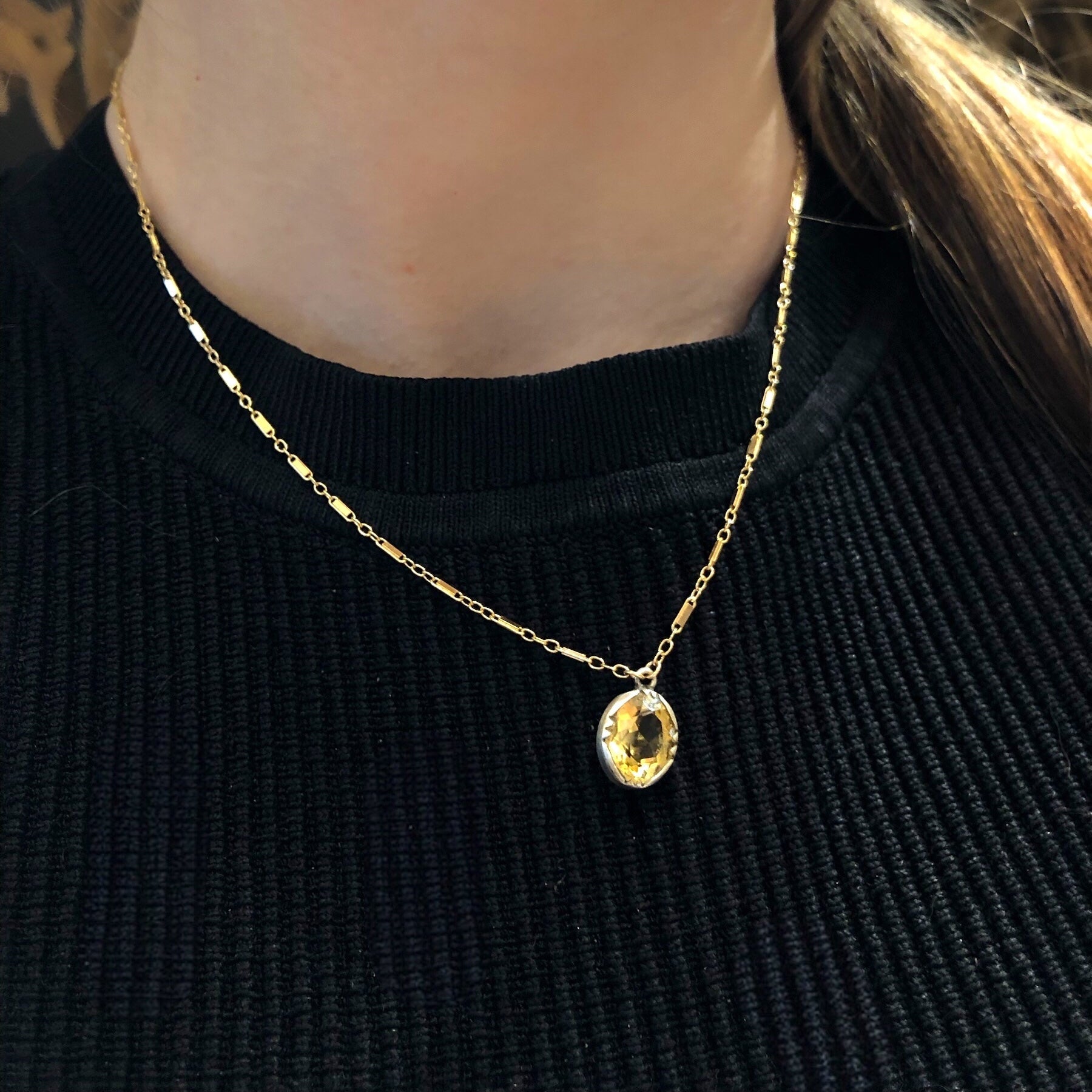 Georgian Oval Citrine w/ Silver Bezel Necklace