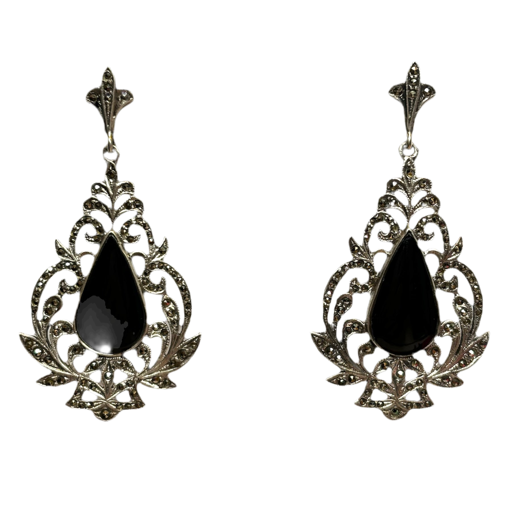 Vintage Sterling Silver Onyx and Marcasite Statement Earrings
