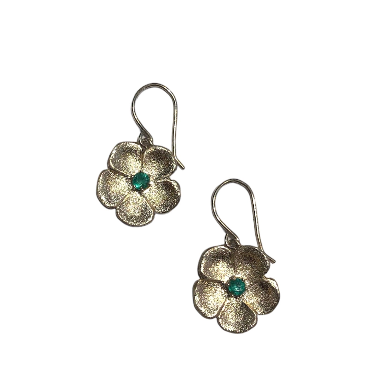 sterling silver flower drop earrings with emerald gemstones, solid sterling silver earrings, emerald gemstone earrings, antique and vintage, antique inspired, vintage inspired, forget me not earrings, flower earrings, nature inspired, vintage style, antique style, handmade jewelry, custom design, antique nature inspired, victorian inspired design