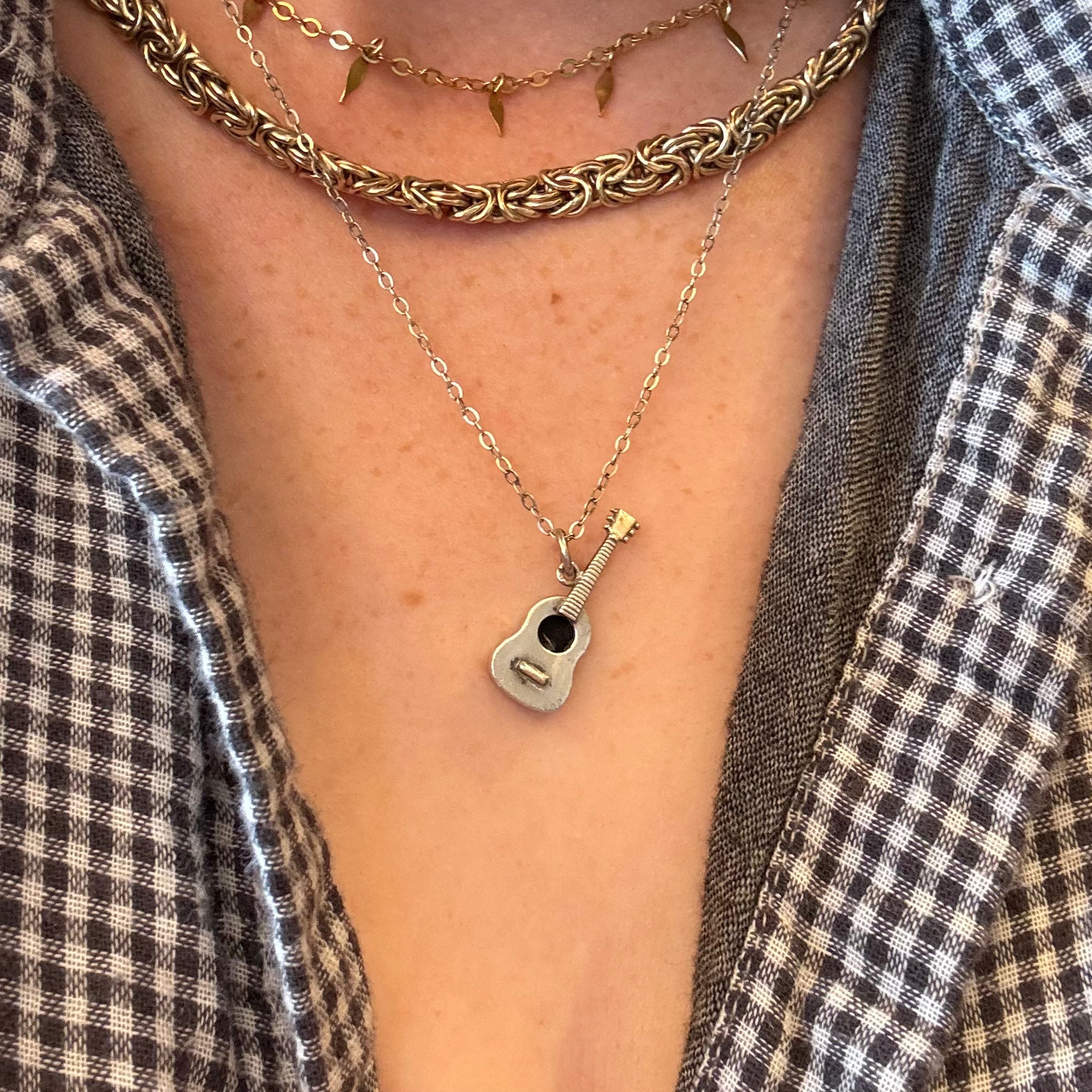 necklace, jewelry, silver necklace, charm, charm necklace, silver charm necklace, guitar, guitar charm, guitar charm necklace, vintage, vintage necklace, vintage jewelry, vintage charm, vintage charm necklace, vintage silver, vintage silver charm necklace, rebekah brooks, rebekah brooks jewelry, northampton, cambridge
