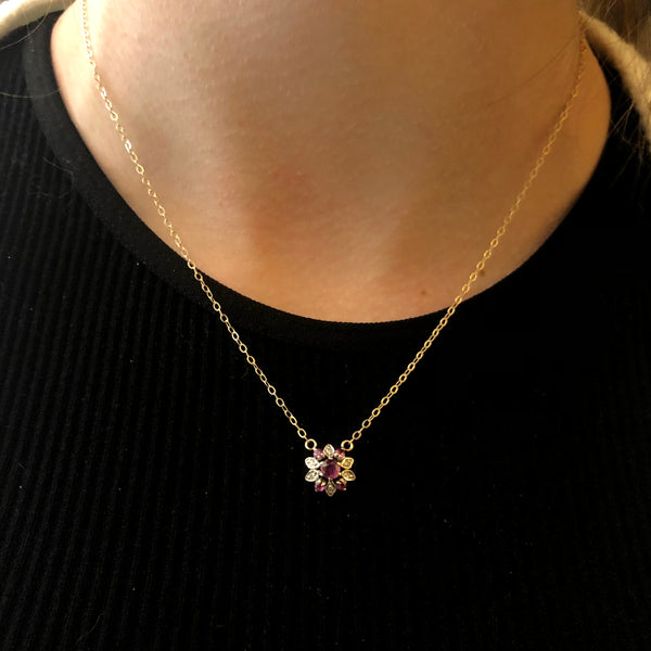 Vintage 14k Ruby and Diamond Flower Necklace