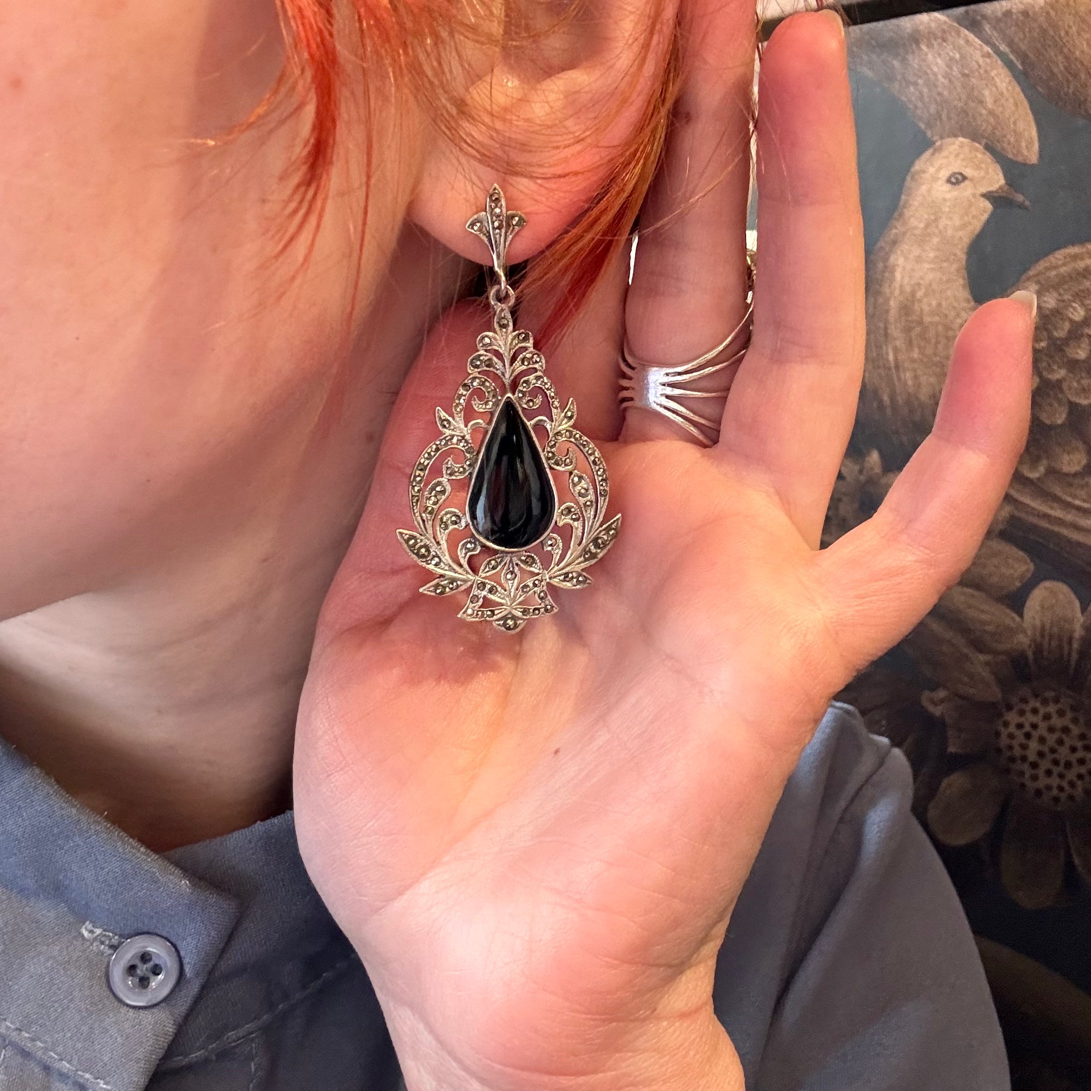 Vintage Sterling Silver Onyx and Marcasite Statement Earrings