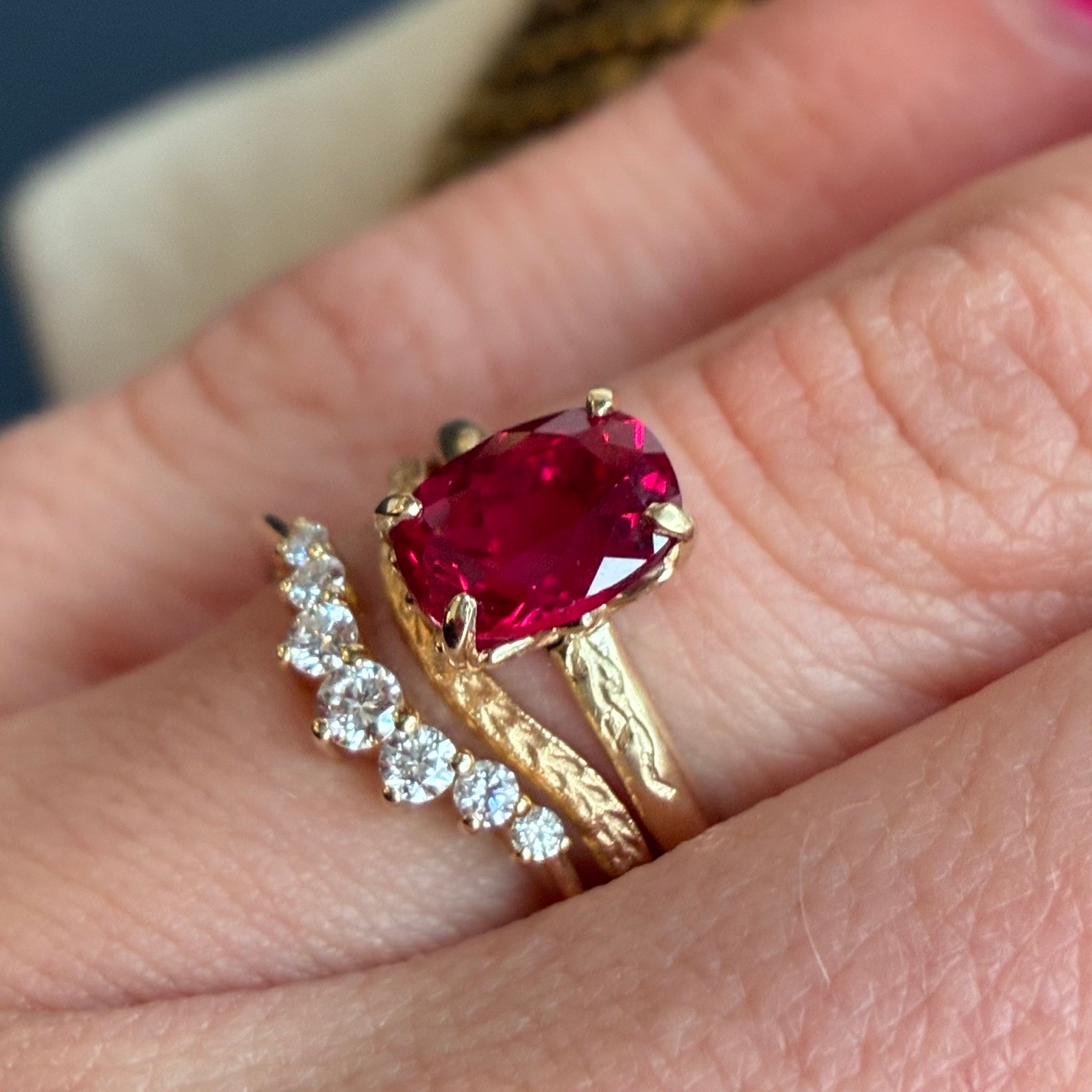 14k Gold Elongated Cushion Ruby with Hand Engraved Shoulders