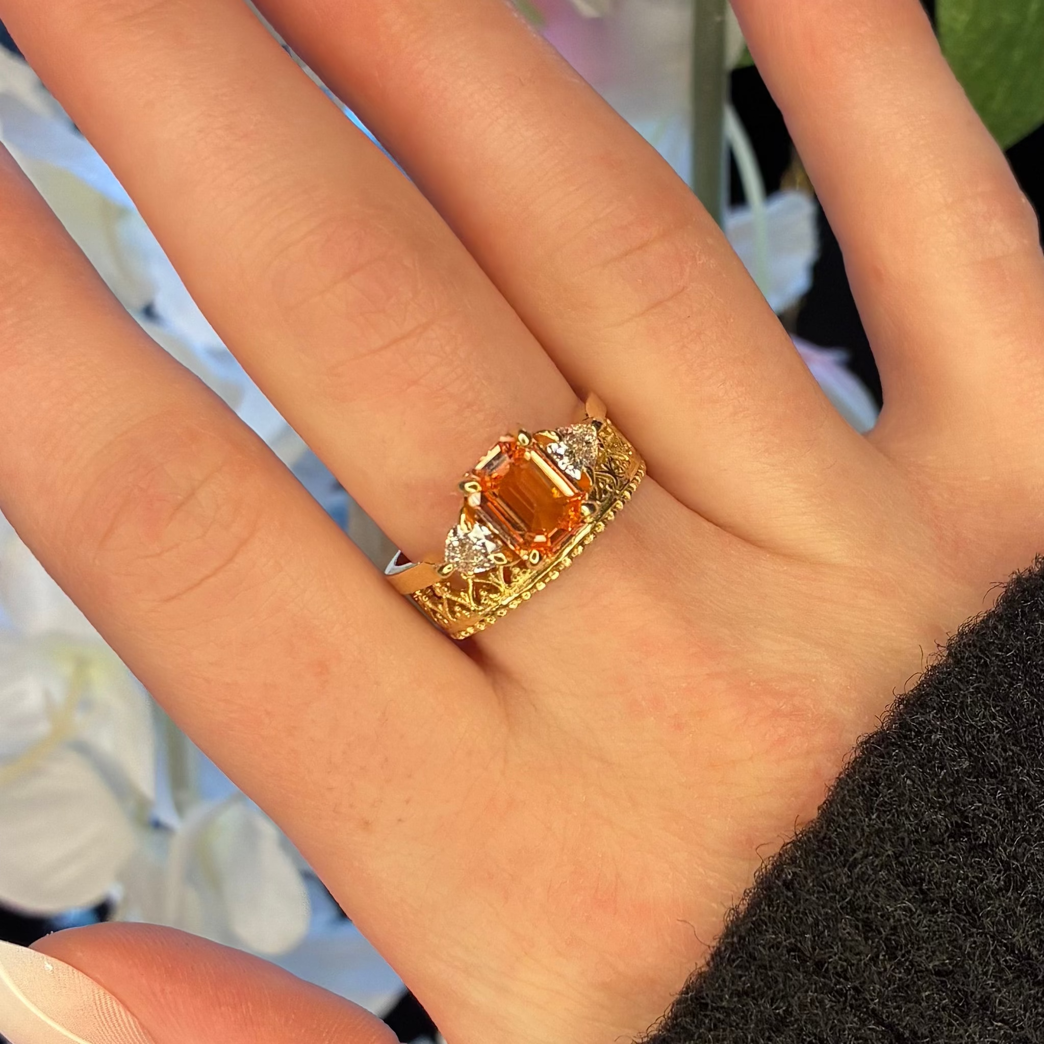 Emerald Cut Peach Sapphire Ring w. Trillion Diamond Accents