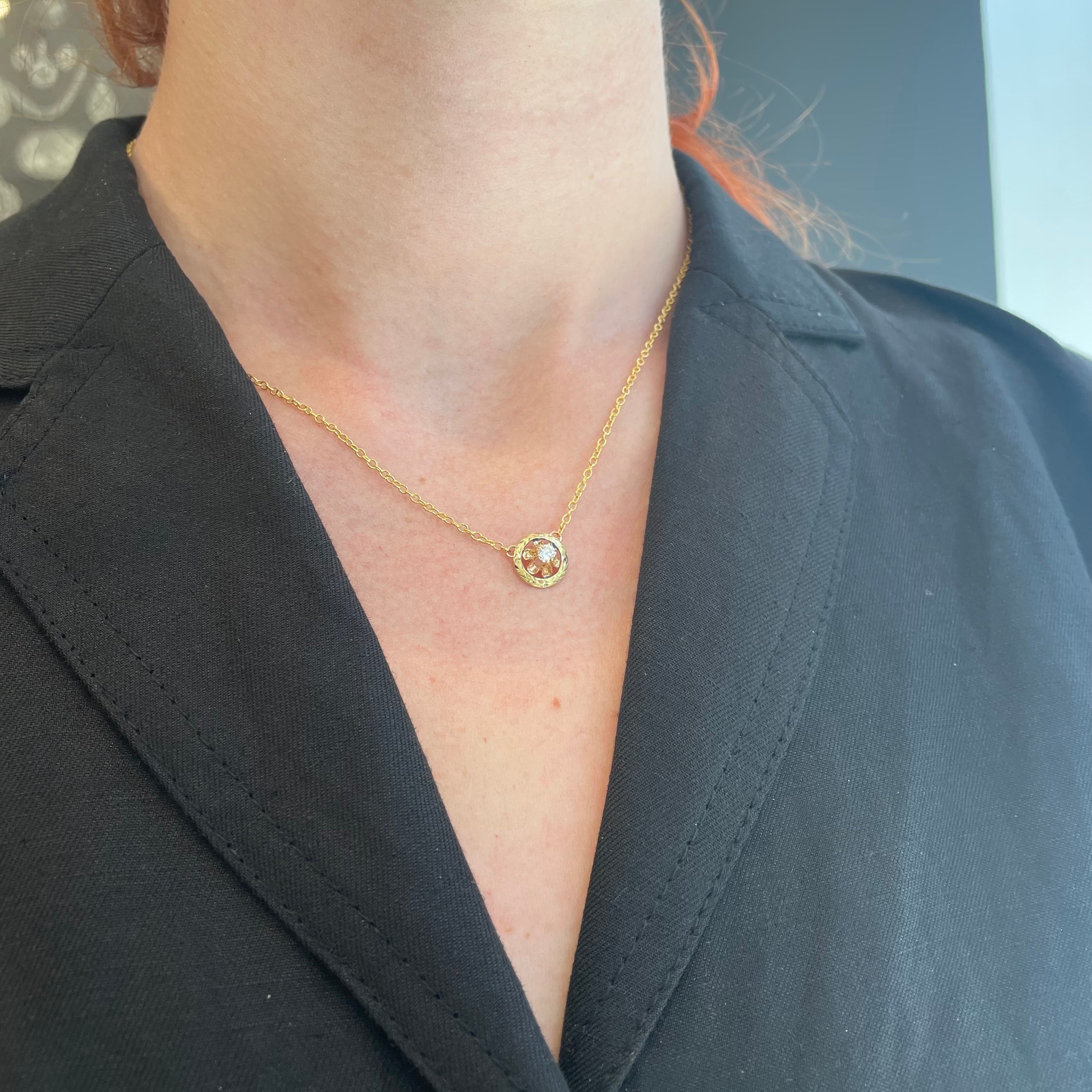antique necklace worn on neck, antique necklace, victorian necklace, 10k gold, diamond, old european cut diamond, antique diamond, victorian, necklace, gold-fill, diamond pendant, northampton, local, women-owned