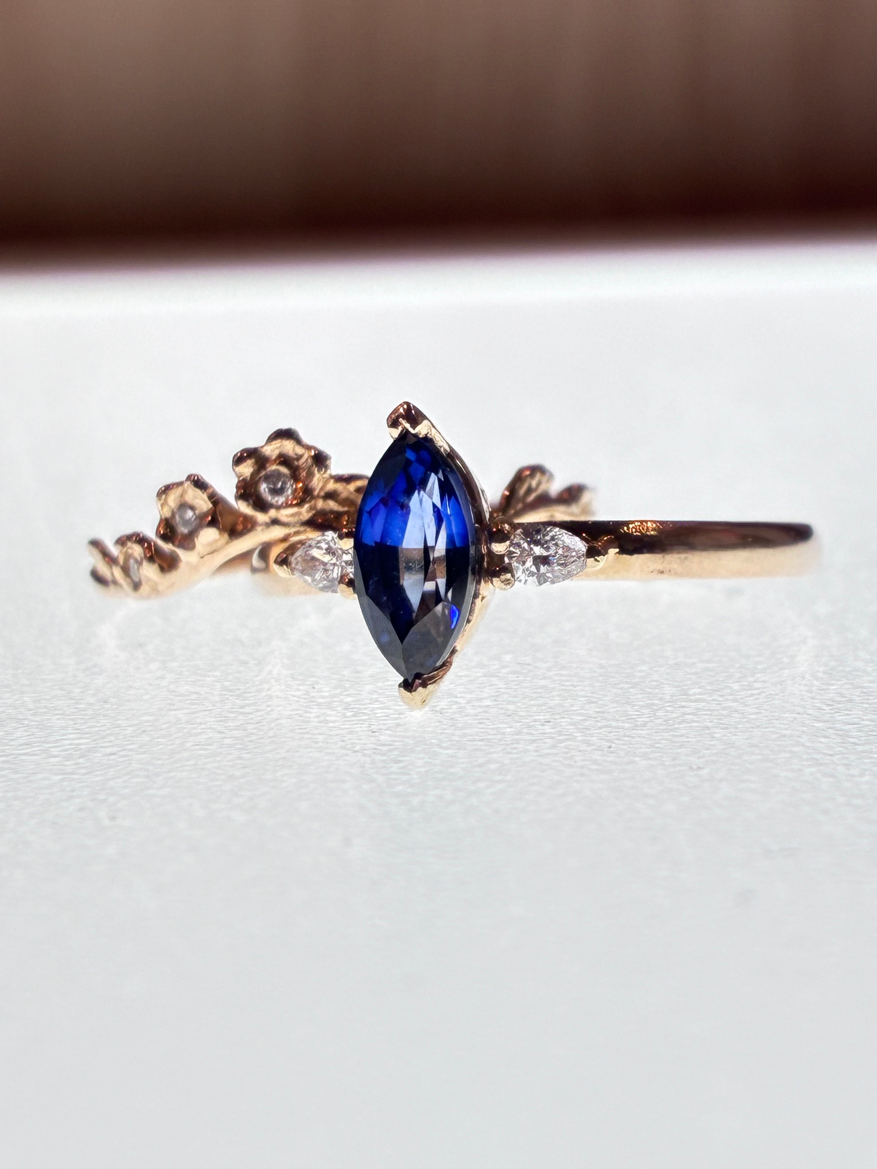 14k Yellow Gold Marquise Sapphire Diamond Trio Ring