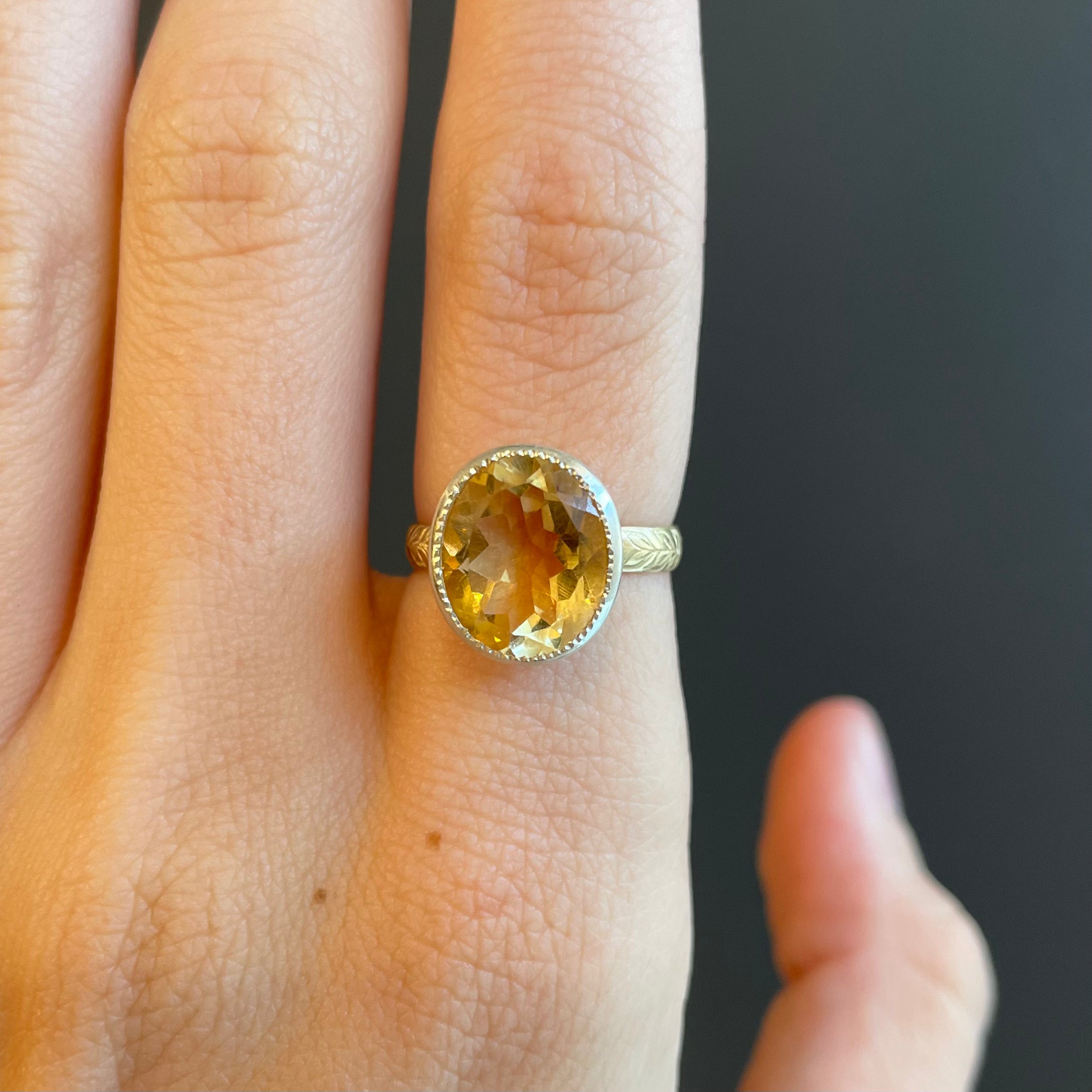 mixed metal, mixed metal ring, 14k yellow gold, bezel-set, citrine ring, vintage, local, engraved