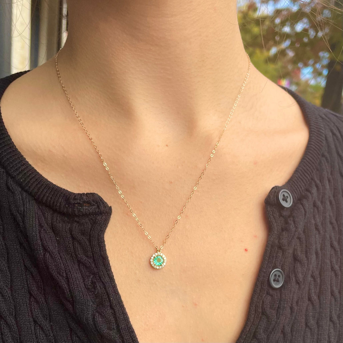 Emerald Diamond Halo Necklace