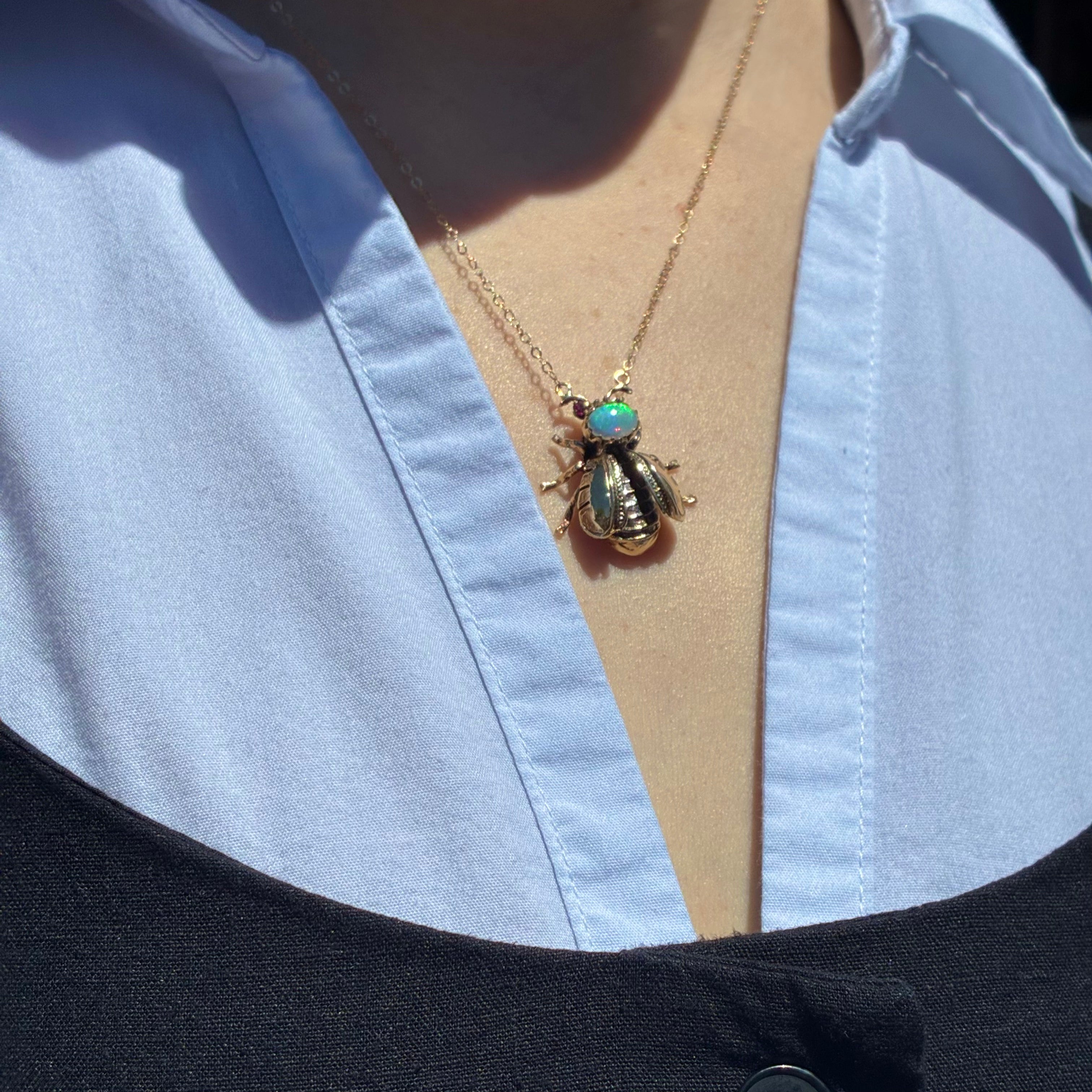 Very Rare Hand Fabricated Ruby and Opal Bee