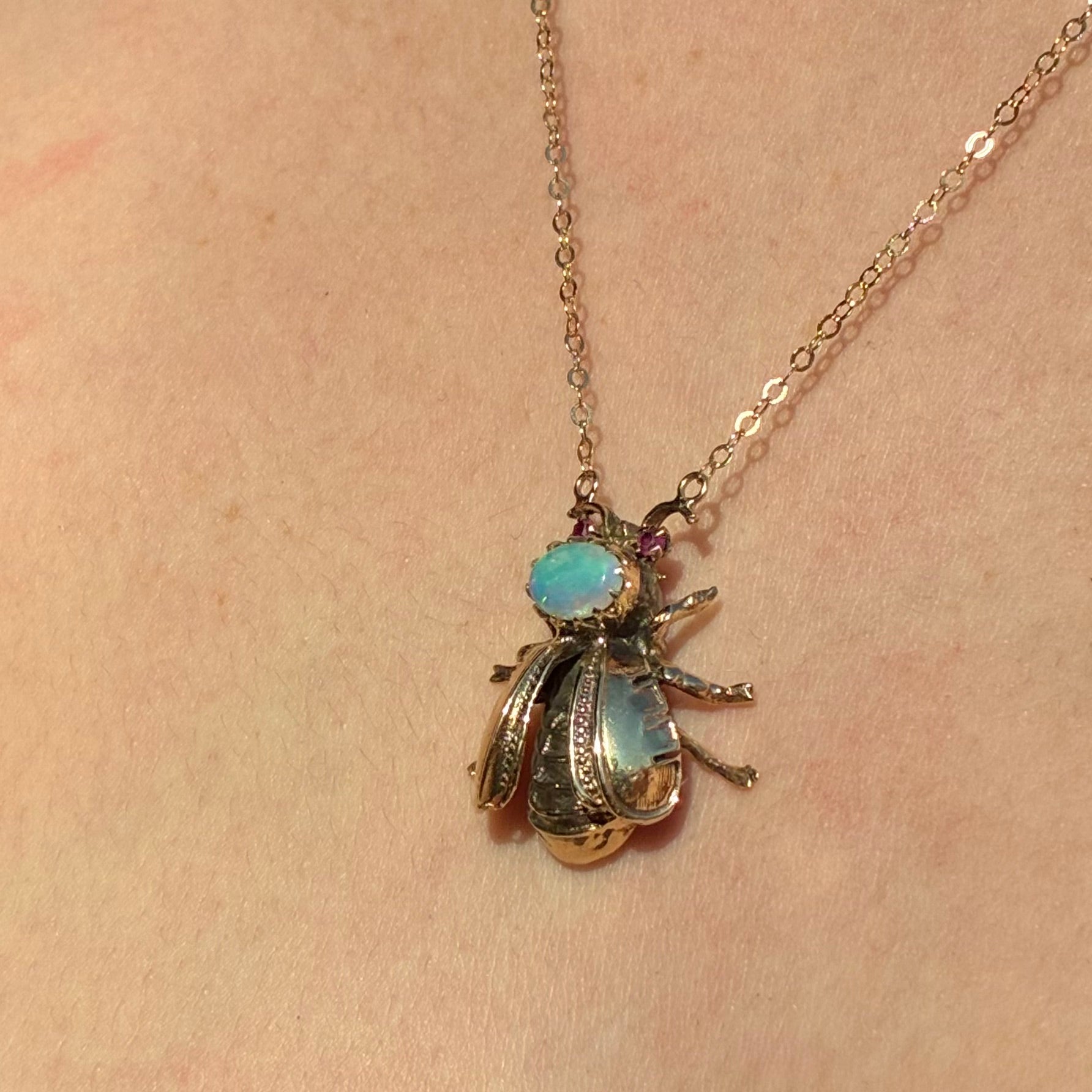 Very Rare Hand Fabricated Ruby and Opal Bee