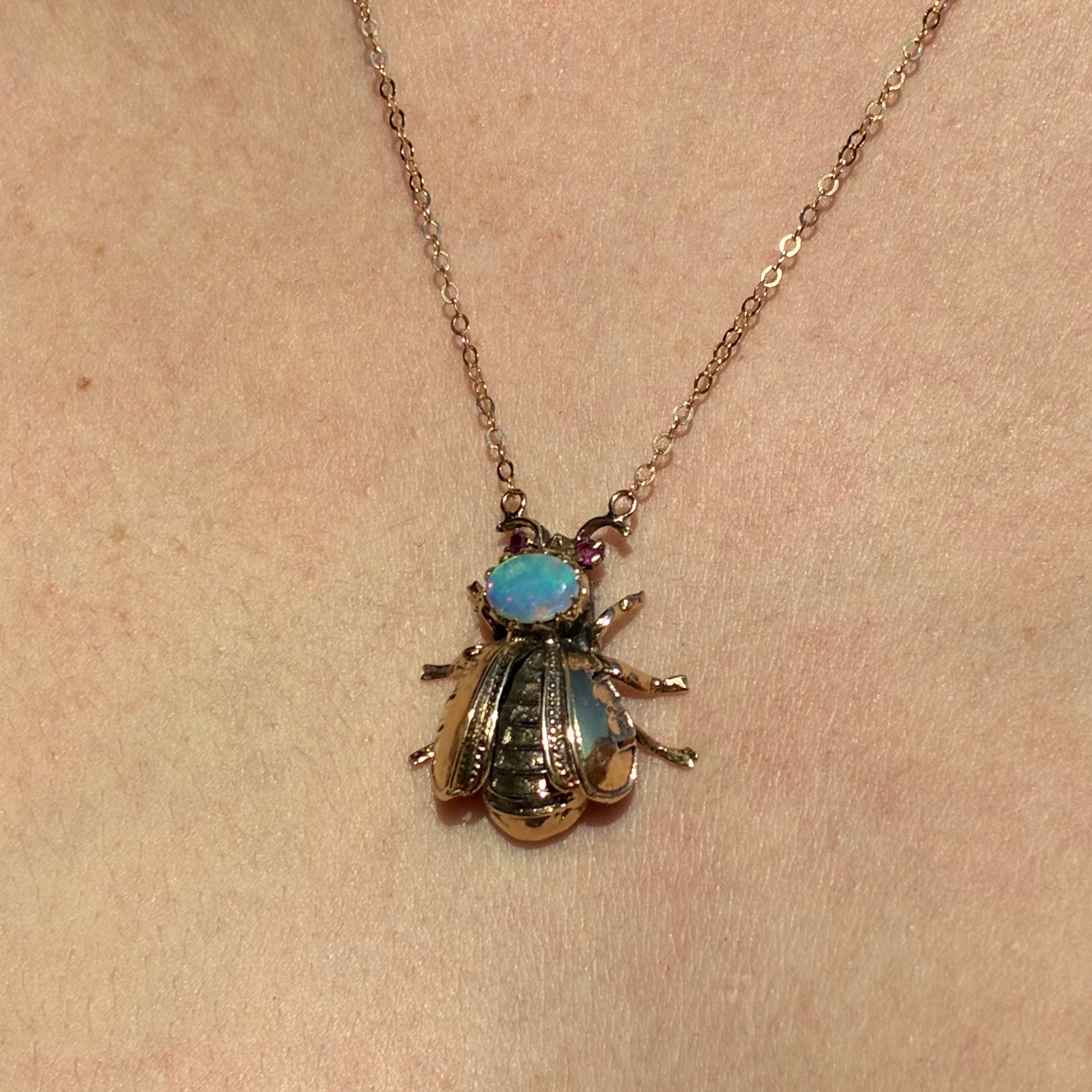 Very Rare Hand Fabricated Ruby and Opal Bee