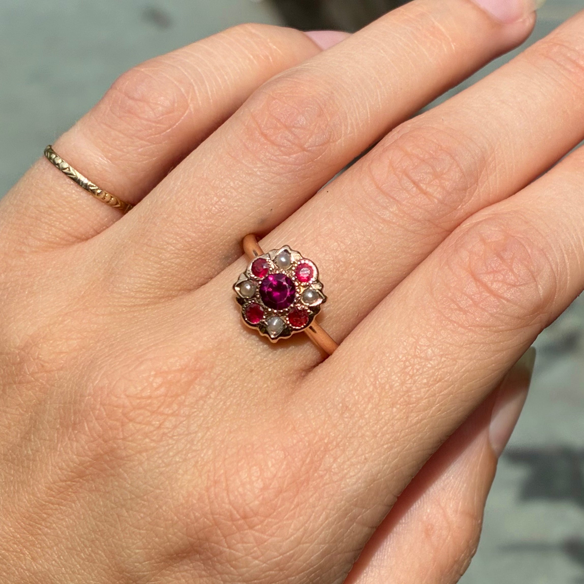 Antique Ruby and Pearl Cluster Ring