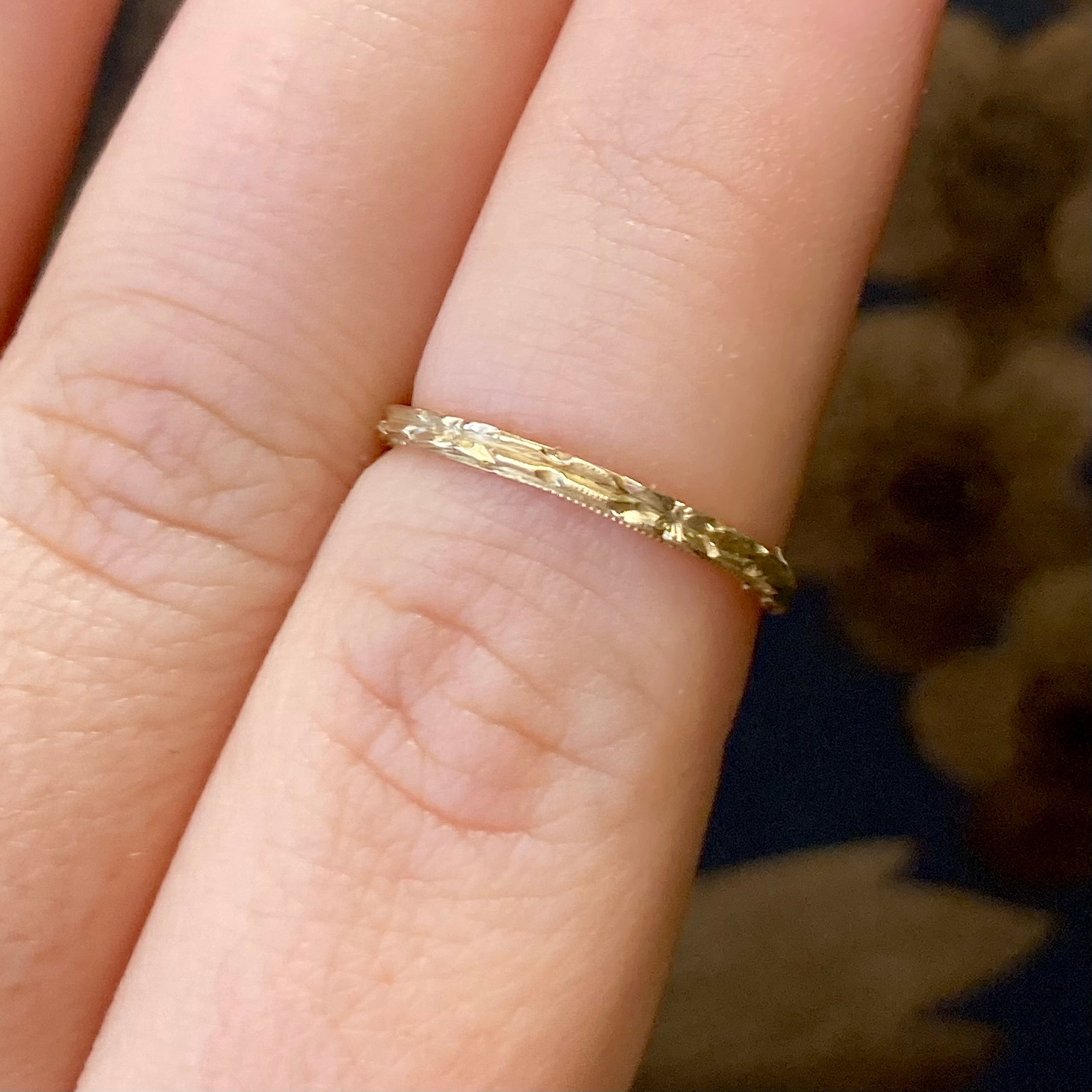 solid 14k yellow gold art deco chisel ring on a finger, art deco inspired jewelry, art deco inspired wedding band, vintage inspired wedding band, delicate art deco inspired wedding band design, Handmade jewelry, antique and vintage, antique inspired jewelry, vintage inspired jewelry, handcrafted jewelry, custom design jewelry