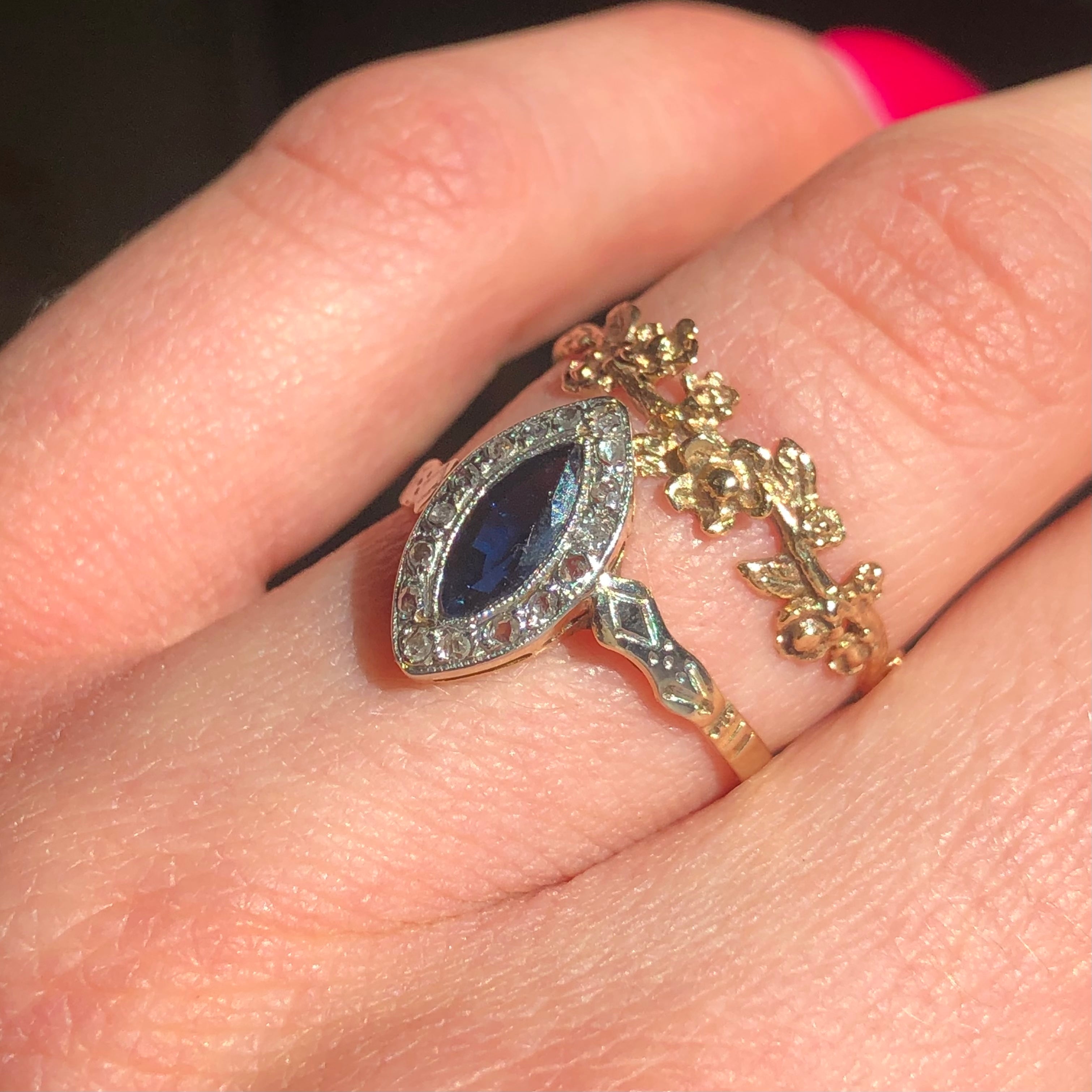 Antique Teal Sapphire and Diamond Engagement Ring