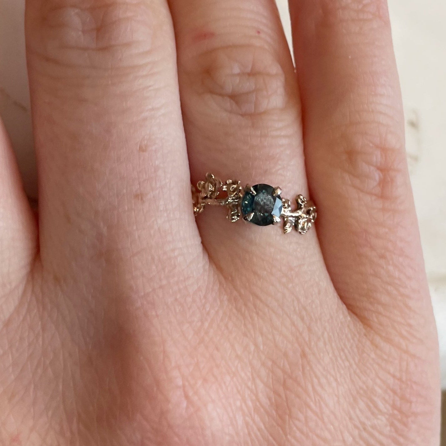 engagement ring, jewelry, handmade jewelry, custom jewelry, sapphire, gold, 14K gold, teal, blue, garland, flower