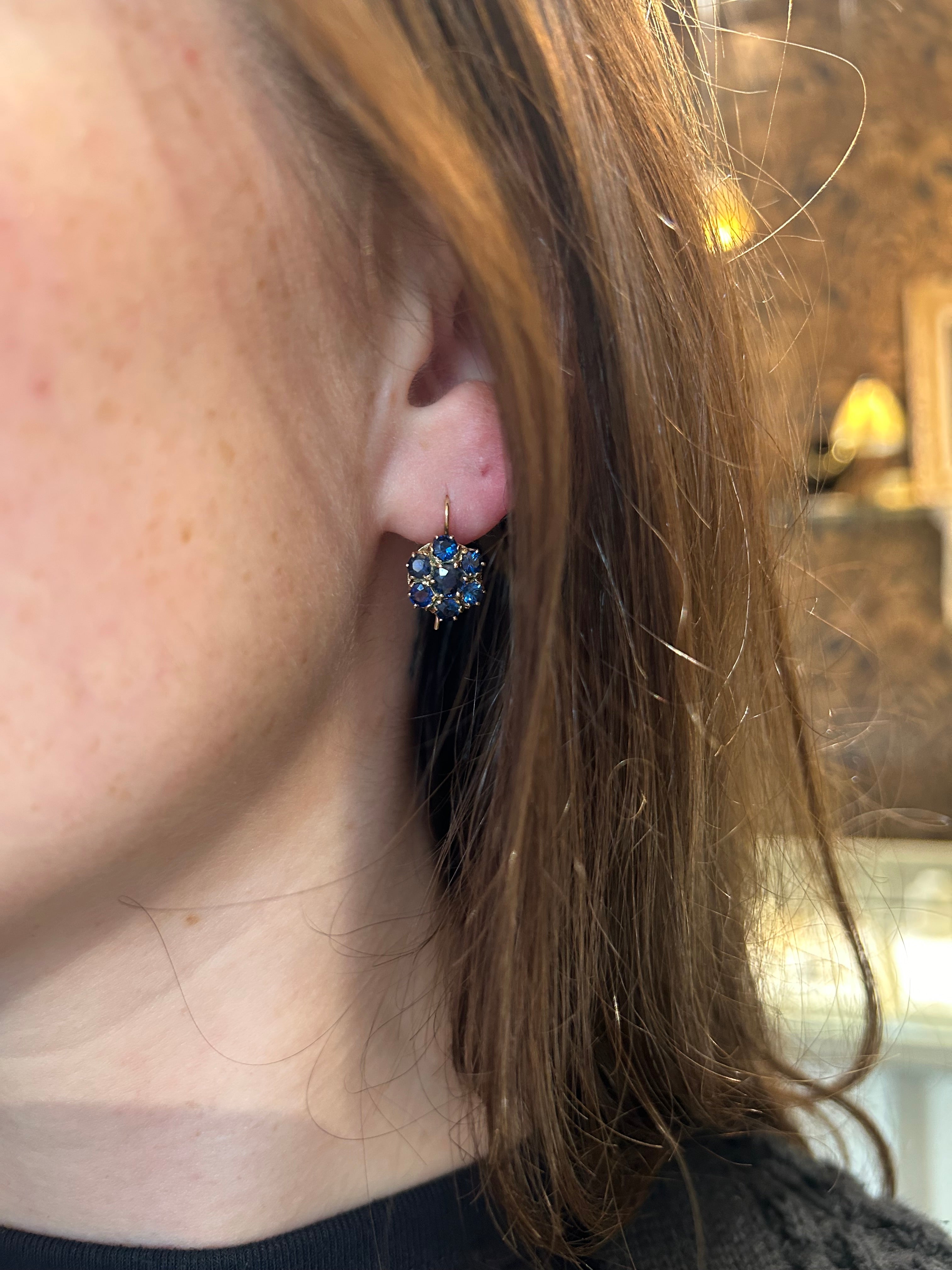 Vintage 9k Yellow Gold Sapphire Cluster Earrings