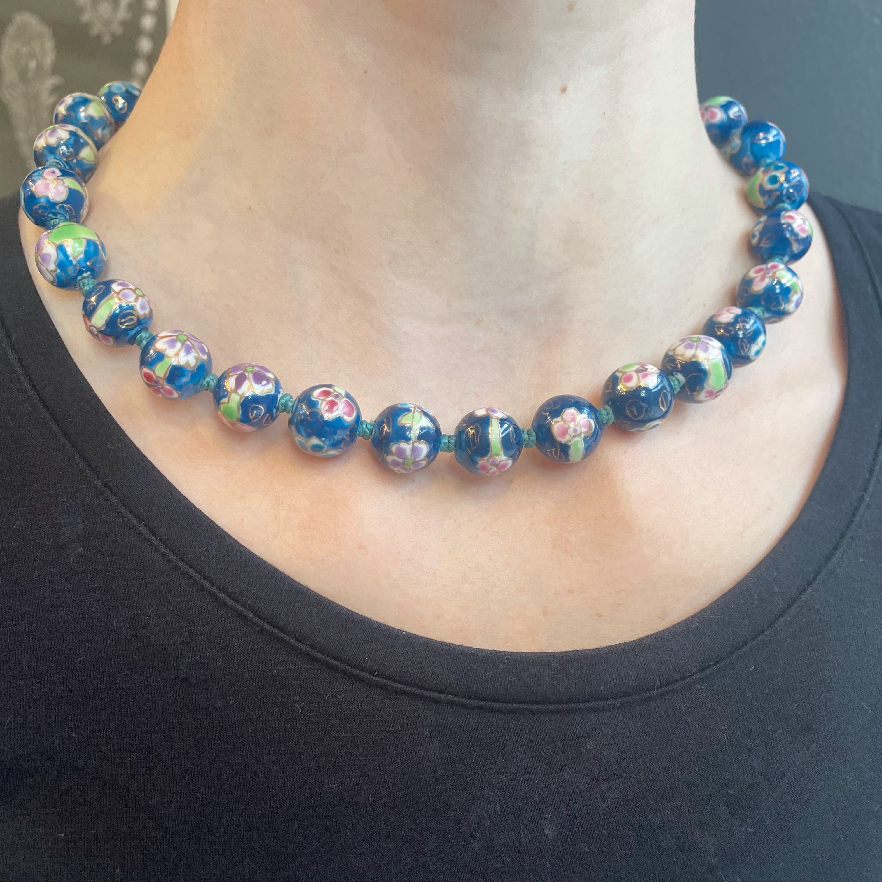rebekah brooks jewelry, jewelry, vintage, vintage jewelry, cloisonne, blue, green, pink, metallic, gold, bead, necklace, cloisonne necklace, chinese cloisonne, beaded necklace