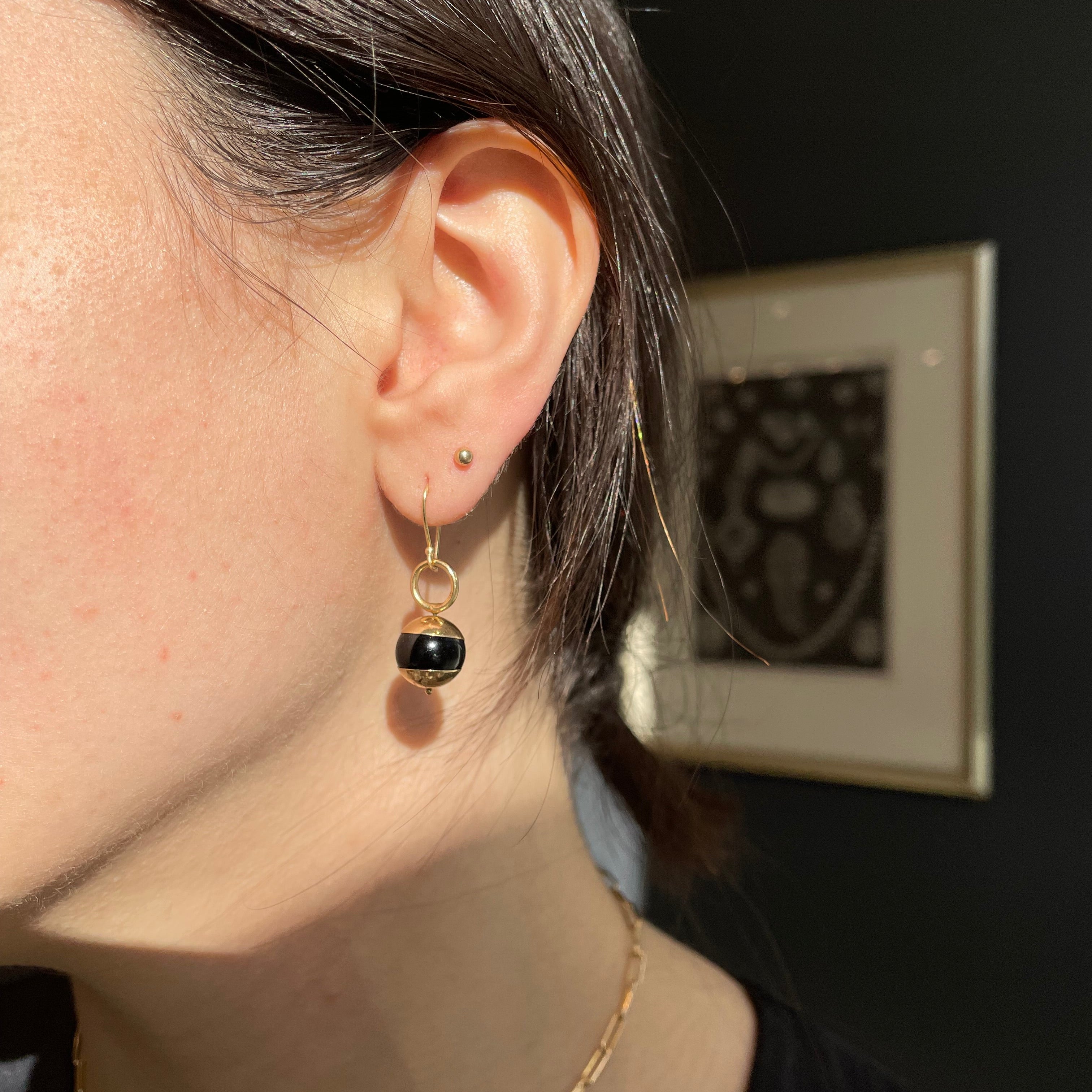 jewelry, earrings, black, gold, geometric, art deco, antique jewelry, fine jewelry, sphere, 14K gold
