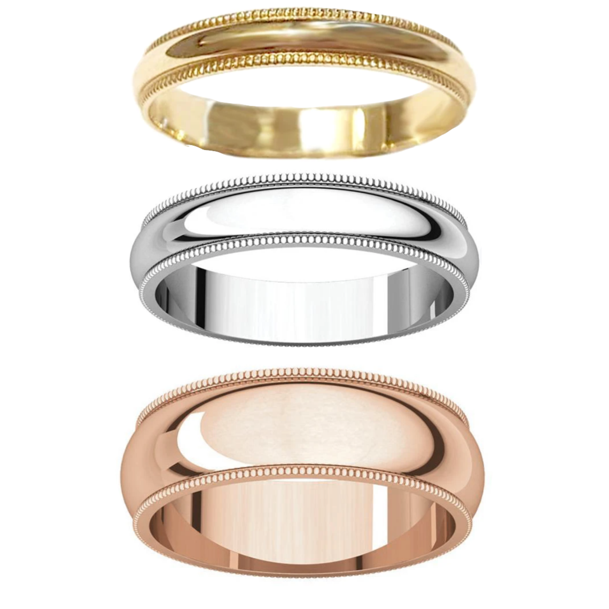 Three milgrain detailing rings in different colors: top yellow gold, middle silver, bottom rose gold, each with a high shine finish and displaying milgrain around the entire band border, the top ring is 3mm, the middle ring is 4mm, and the bottom ring is 6mm, antique and vintage