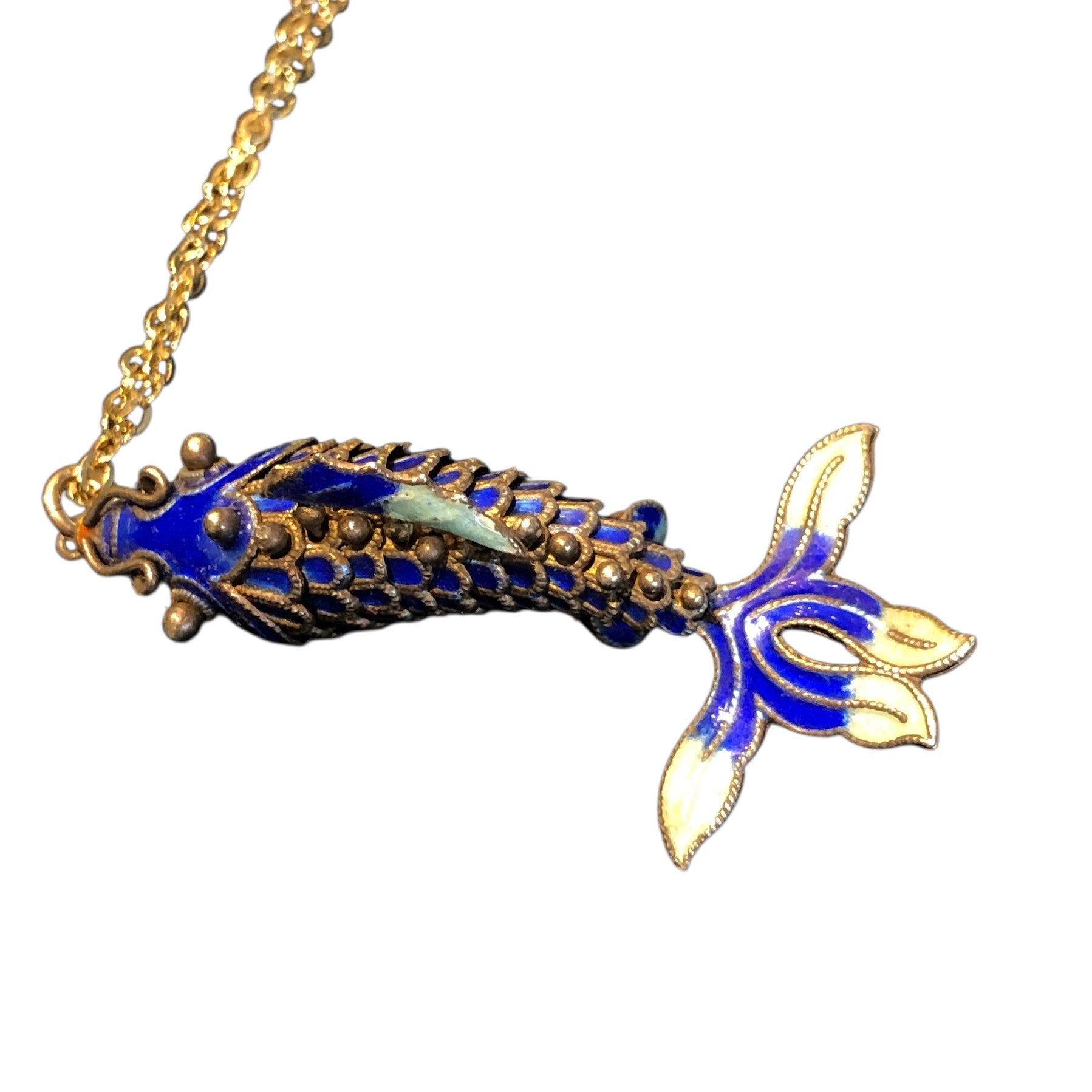 Vintage Blue Cloisonné Articulated Fish Necklace