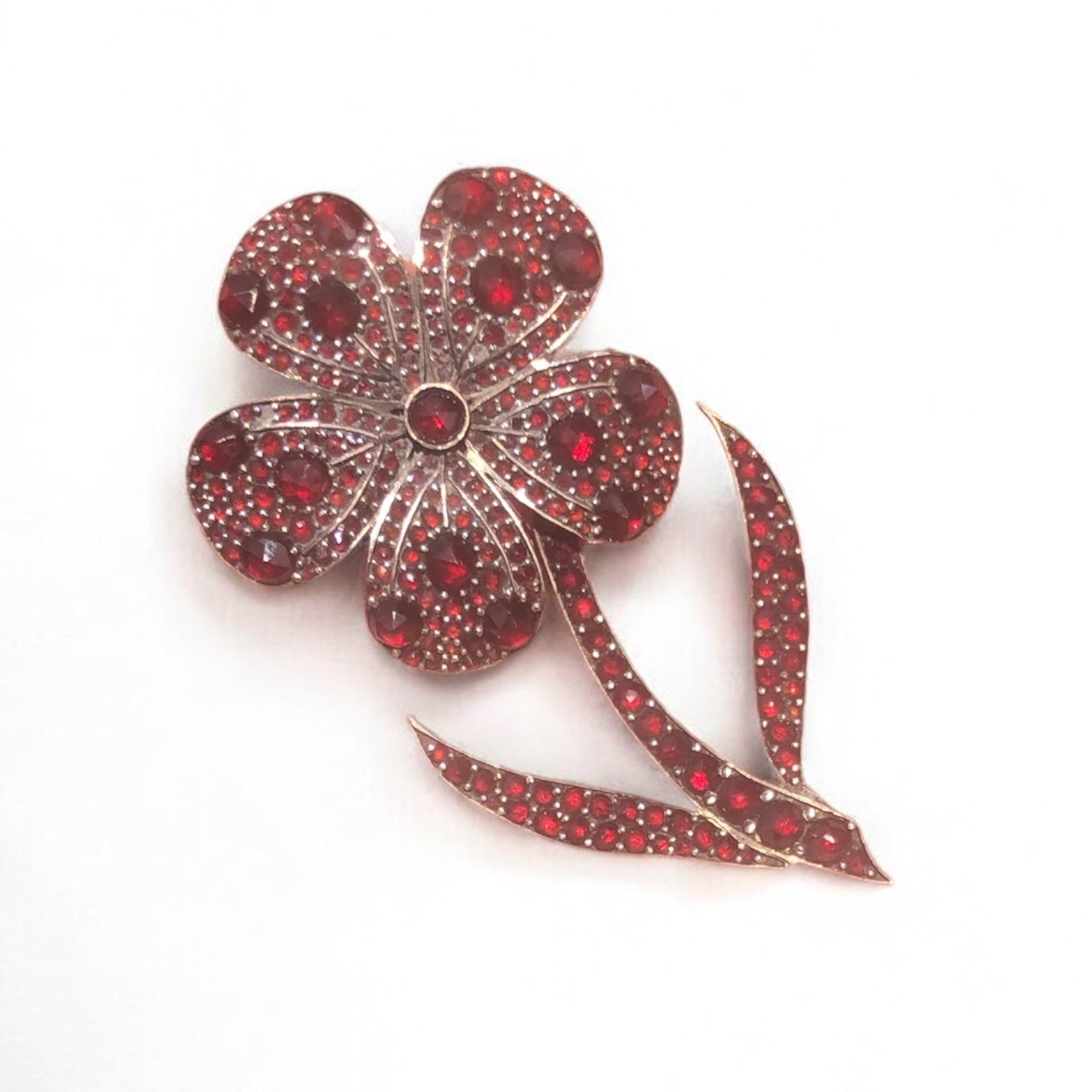 Antique Bohemian Garnet Flower Brooch with Garnet Gold