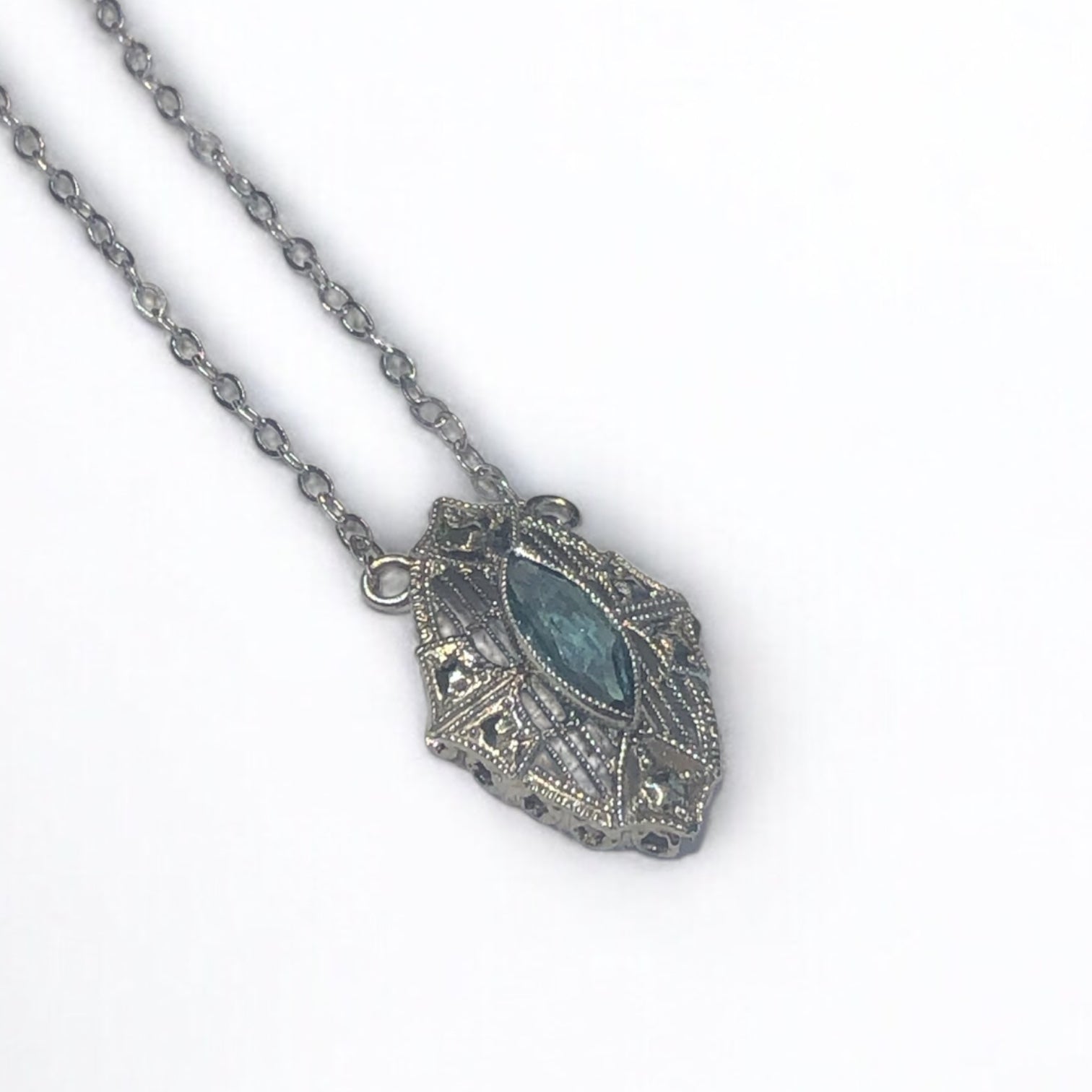 Vintage Sterling Silver Art Deco Pendant with Lab Sapphire