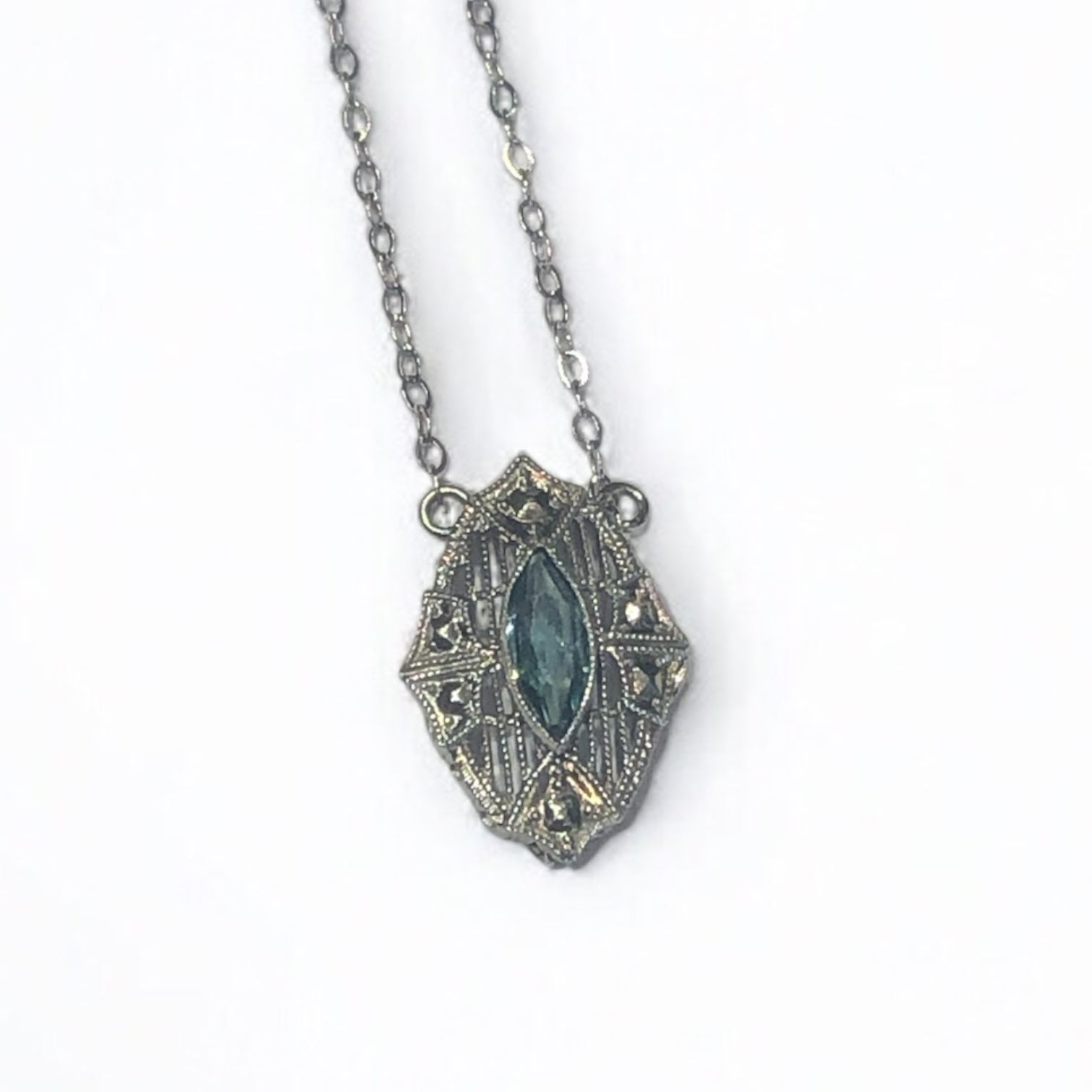 Vintage Sterling Silver Art Deco Pendant with Lab Sapphire