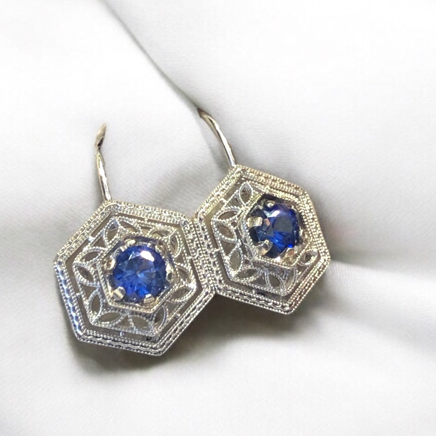 14k White Gold Hexagon Filigree Earrings with Sapphires