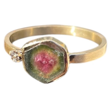 rebekah brooks, rebekah brooks jewelry, ring, gold ring, gemstone ring, tourmaline, tourmaline ring, watermelon tourmaline, diamond accent ring, engagement ring, tourmaline engagement ring, unique ring, unique jewelry, jewelry, bezel set ring, unique engagement ring