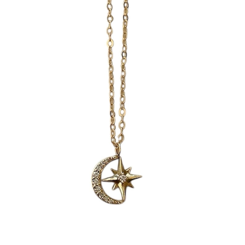 14k Gold Crescent Moon and Star Necklace Diamonds