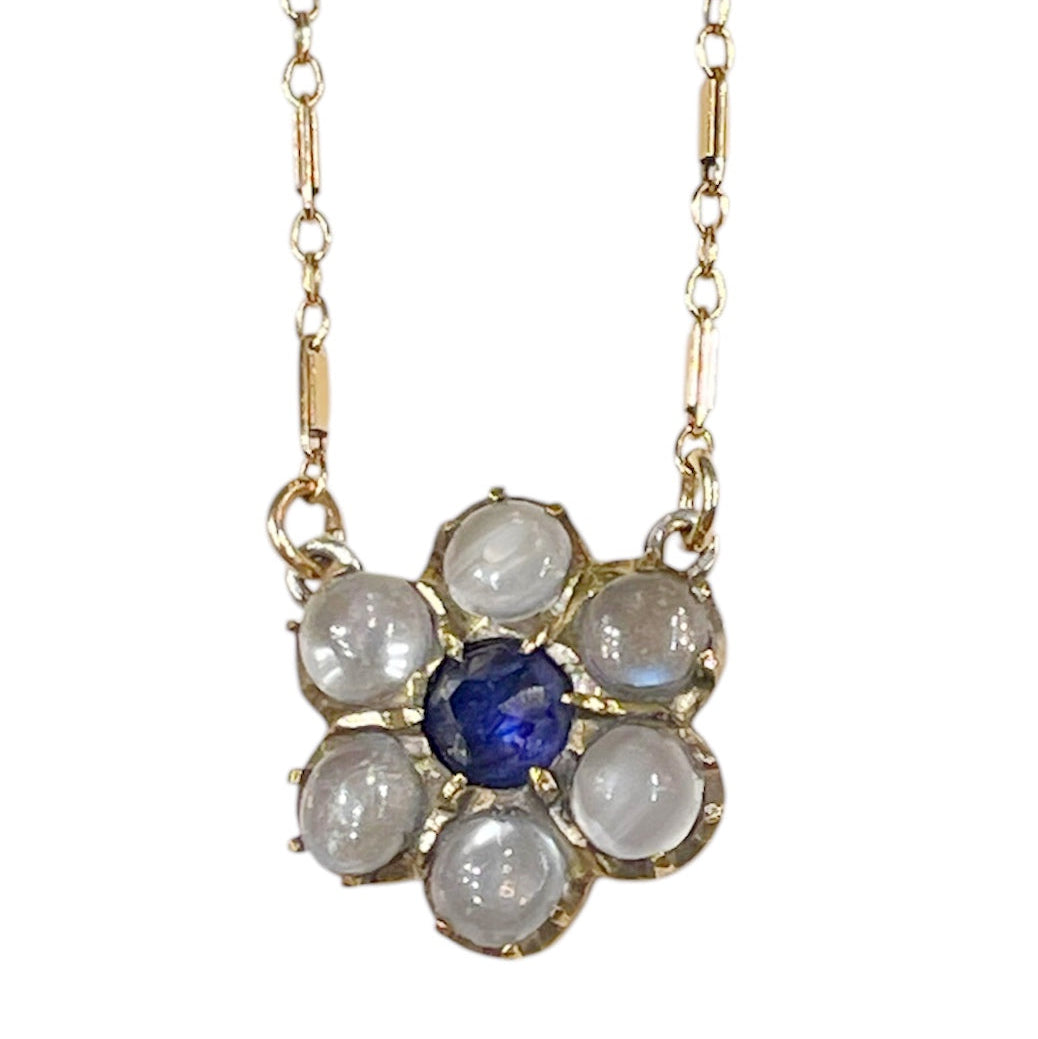 Flower necklace, vintage flower necklace, sapphire necklace, moonstone necklace, vintage sapphire necklace, vintage moonstone necklace, gold necklace, pendant necklace, flower pendant necklace, sapphire and moonstone necklace, vintage sapphire and moonstone necklace