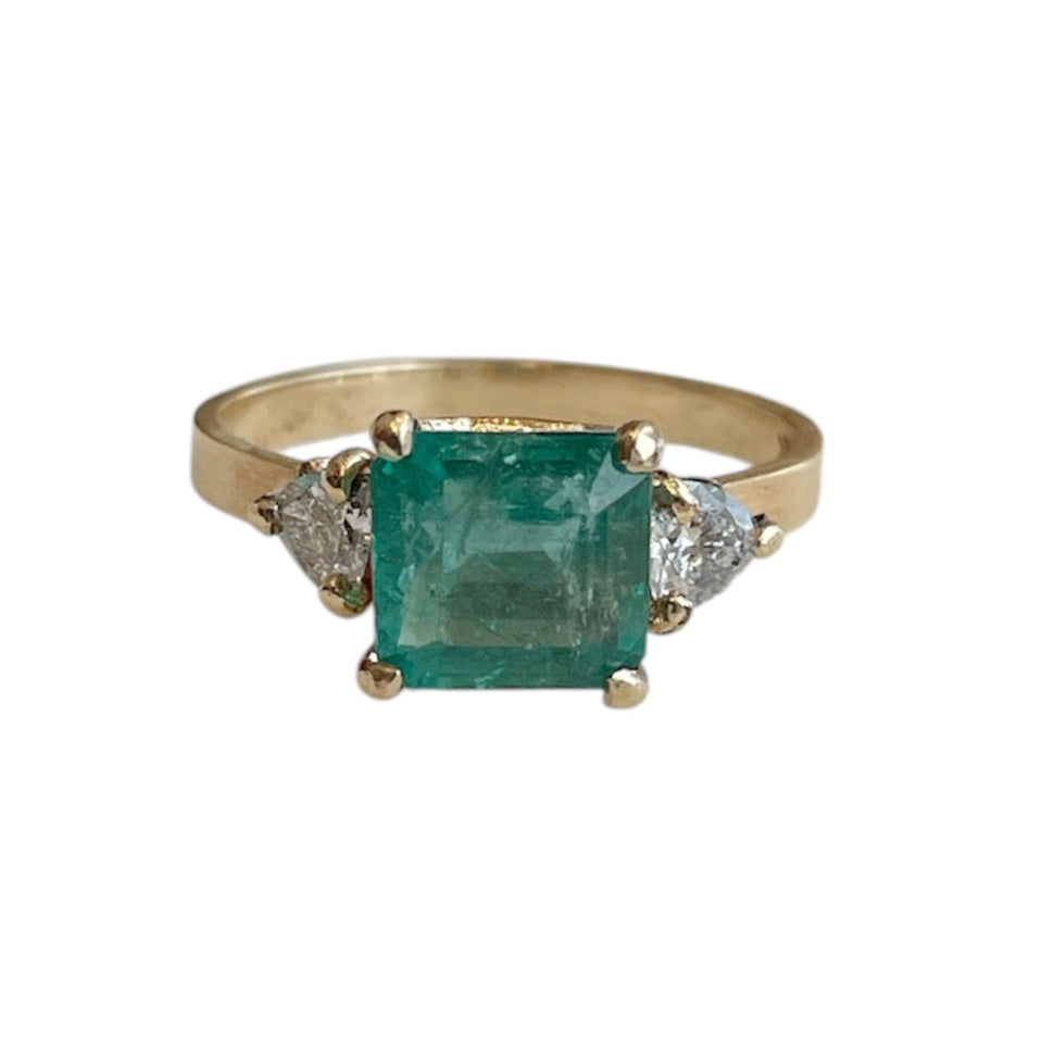 jewelry, fine jewelry, ring, engagement ring, gold, 14K gold, yellow gold, diamond, trillions, diamond trillions, diamond accents, emerald, emerald ring,