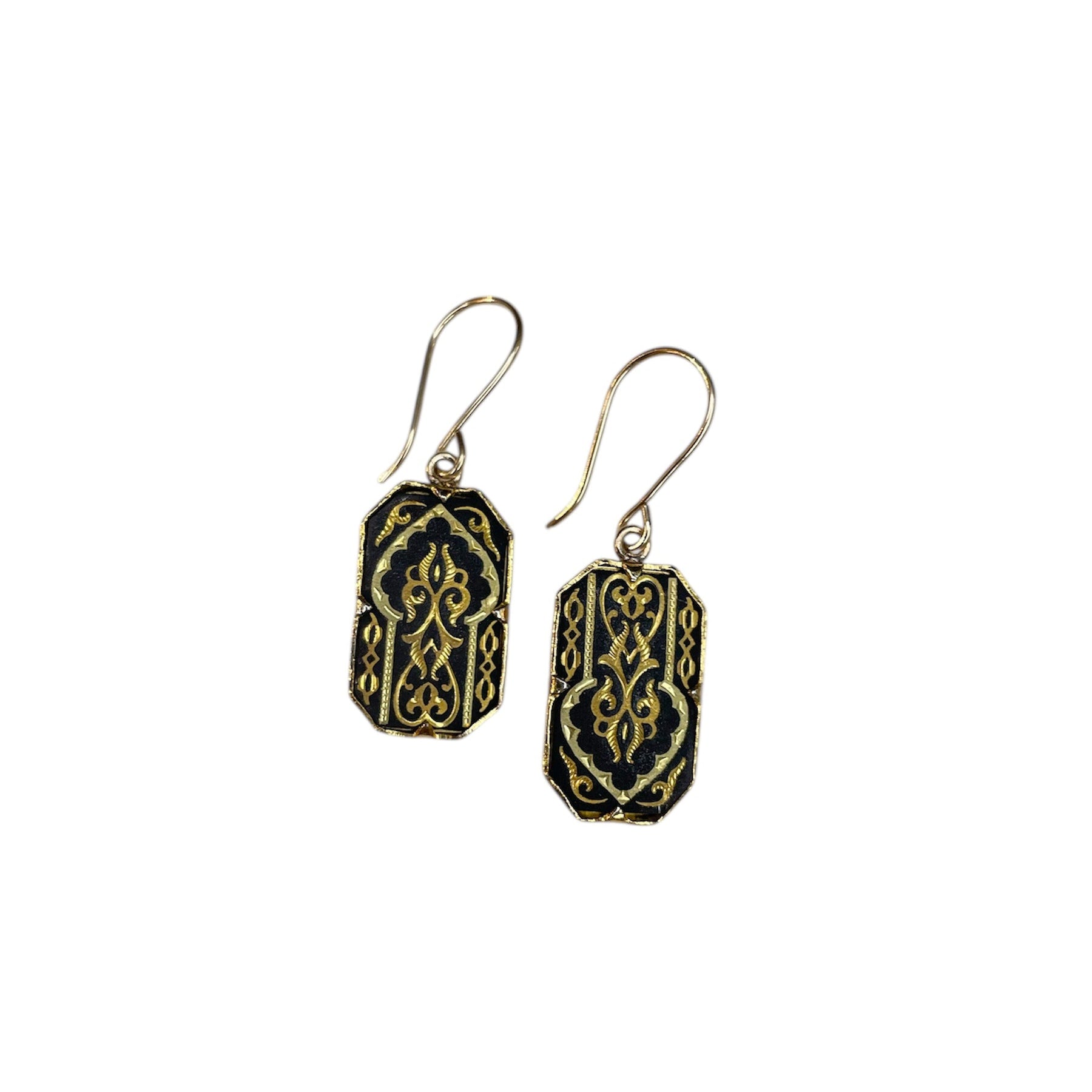 jewelry, vintage jewelry, fine jewelry, earrings, gold, black, damascene,