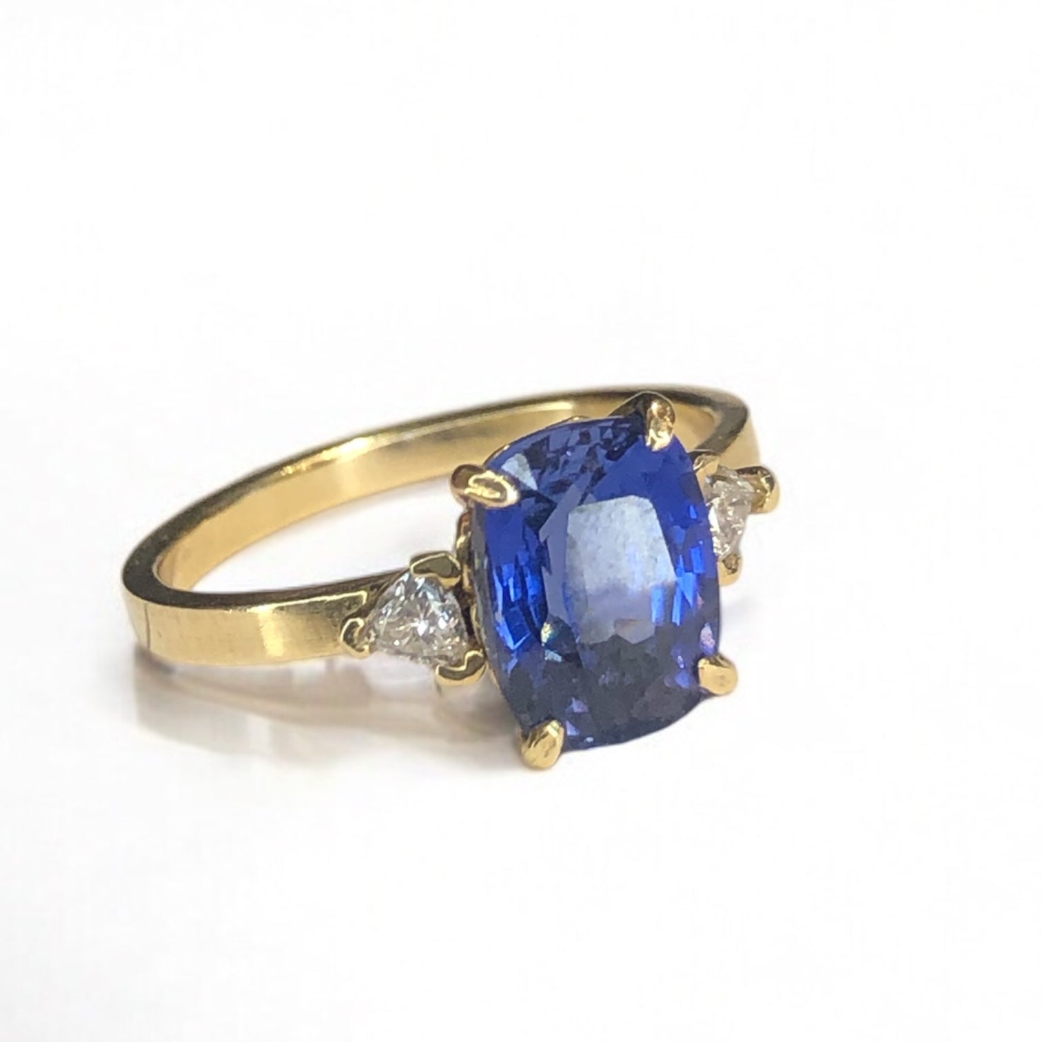 14k Yellow Gold Elongated Cushion Sapphire and Trillion Diamond