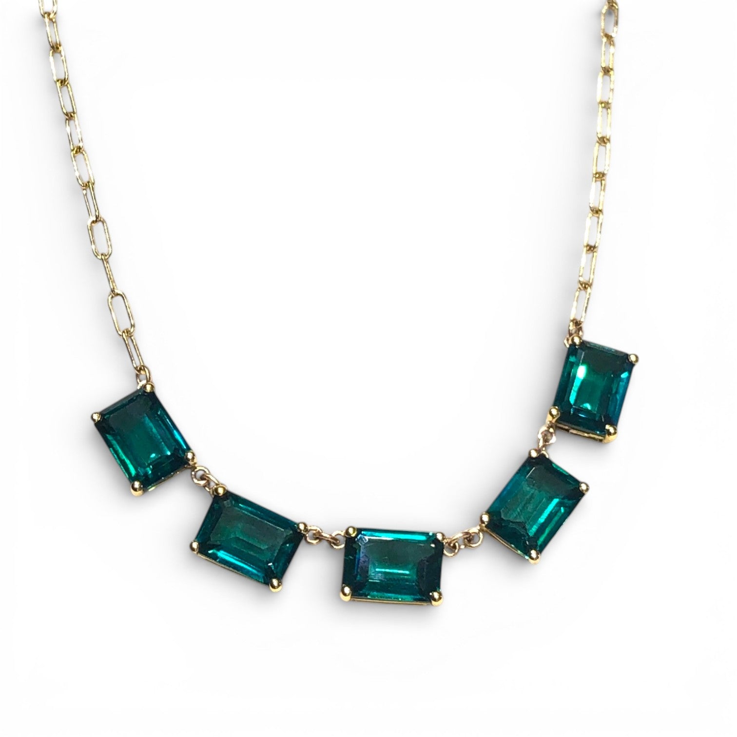 Necklace, bold necklace, unique necklace, chunky necklace, paperclip chain, five stone, five stone necklace, emerald cut, emerald necklace, emerald cut emerald, lab emerald, synthetic emerald, large emerald, large emerald necklace
