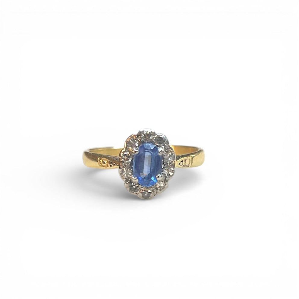 Antique 18k Yellow Gold Sapphire Halo Engagement Ring