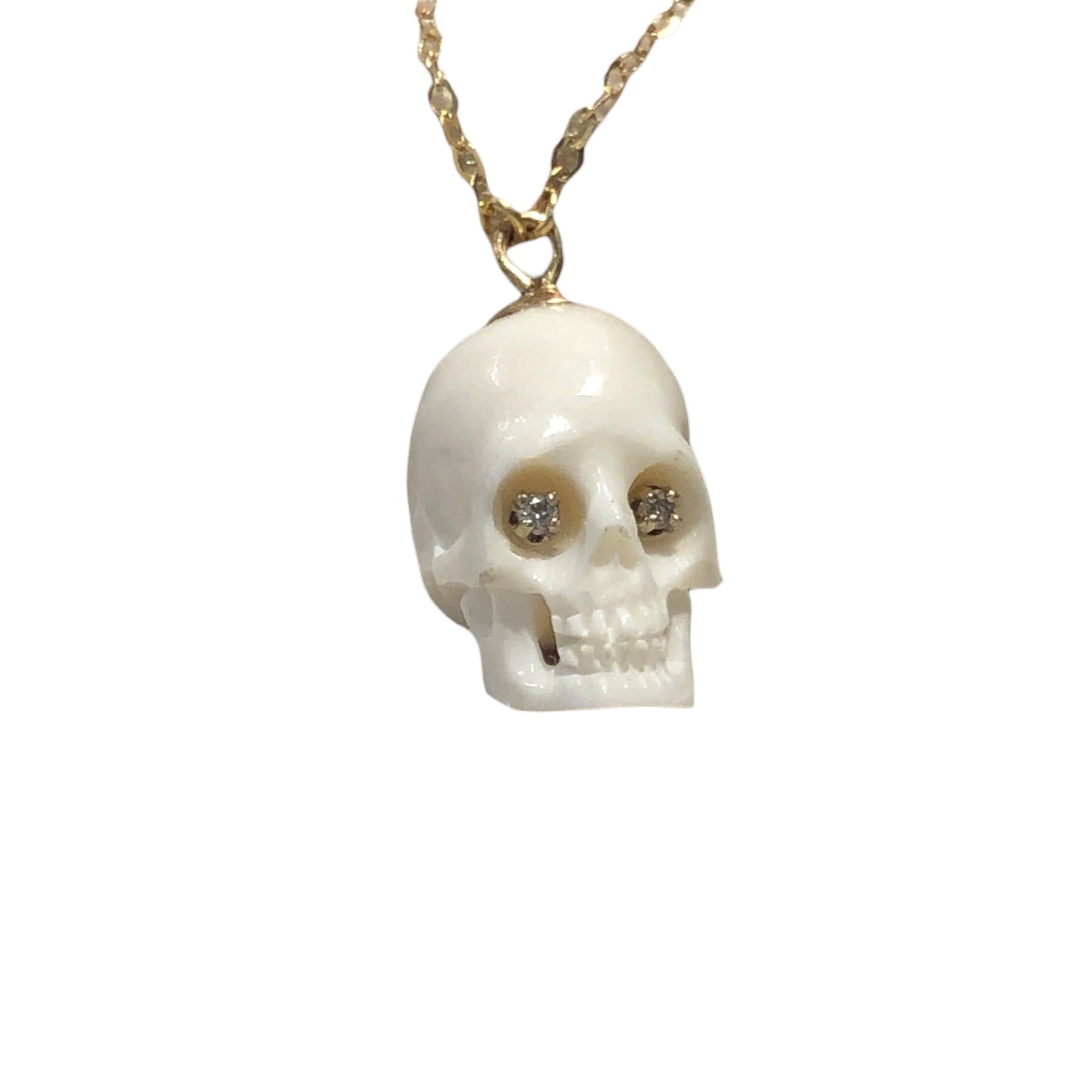 Repurposed Carved Bone Skull with lab Diamond Eyes 14k gold chain