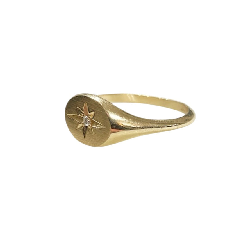 Signet, ring, signet ring, 10k signet ring, gold signet ring, 10k gold signet ring, signet with diamond, signet with engraving, starburst, engraving, northampton, rebekah brooks jewelry, jewelry, gold jewelry, 10k gold jewelry, vintage inspired, vintage inspired jewelry, vintage inspired ring