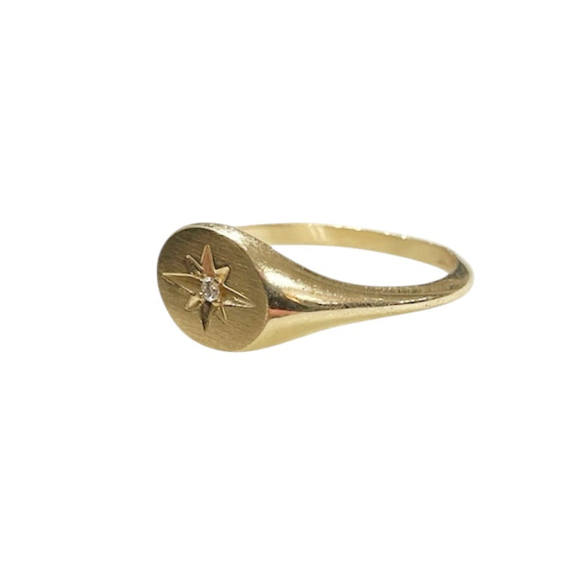 Signet, ring, signet ring, 10k signet ring, gold signet ring, 10k gold signet ring, signet with diamond, signet with engraving, starburst, engraving, northampton, rebekah brooks jewelry, jewelry, gold jewelry, 10k gold jewelry, vintage inspired, vintage inspired jewelry, vintage inspired ring