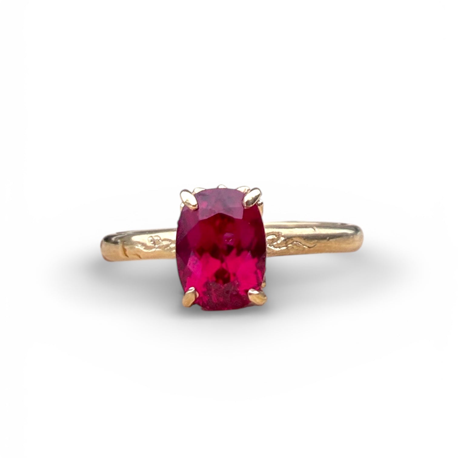 14k Gold Elongated Cushion Ruby with Hand Engraved Shoulders