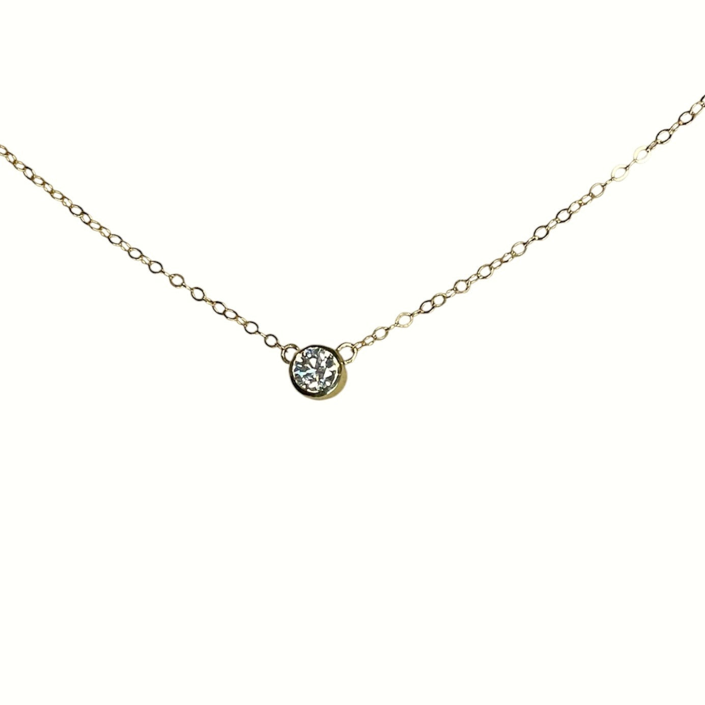 Diamond necklace in a bezel setting. diamond, diamond necklace, bezel setting, 14k gold, 14k necklace, gold and diamond necklace, jewelry, necklace, rebekah brooks jewelry, cambridge, northampton