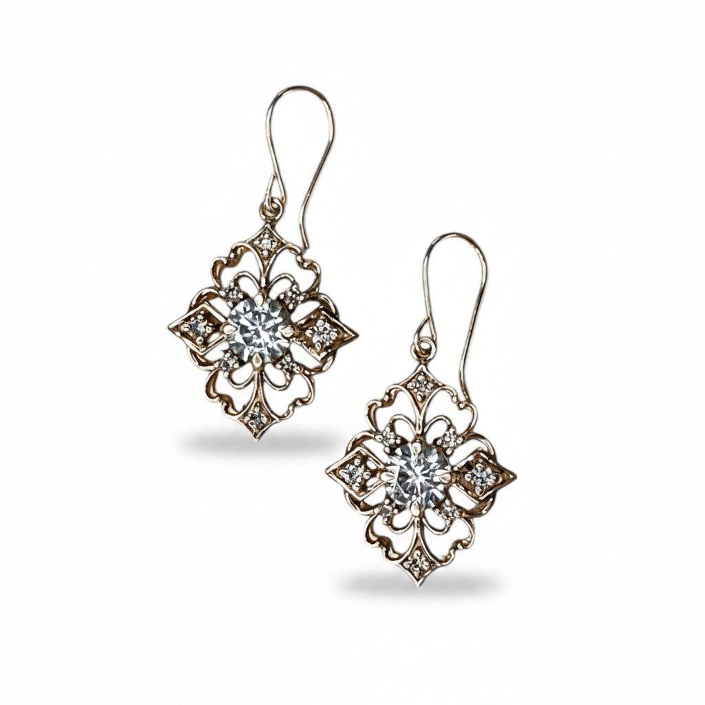 Gold vermeil art deco filigree earrings with moissanite center stones, gold vermeil earrings, art deco earrings, art deco jewelry, vintage jewelry, vintage earrings, moissanite, moissanite earrings, moissanite jewelry, filigree earrings, filigree jewelry, hand crafted jewelry, woman owned business, local business, local jewelry, woman owned jewelry store, local jeweler