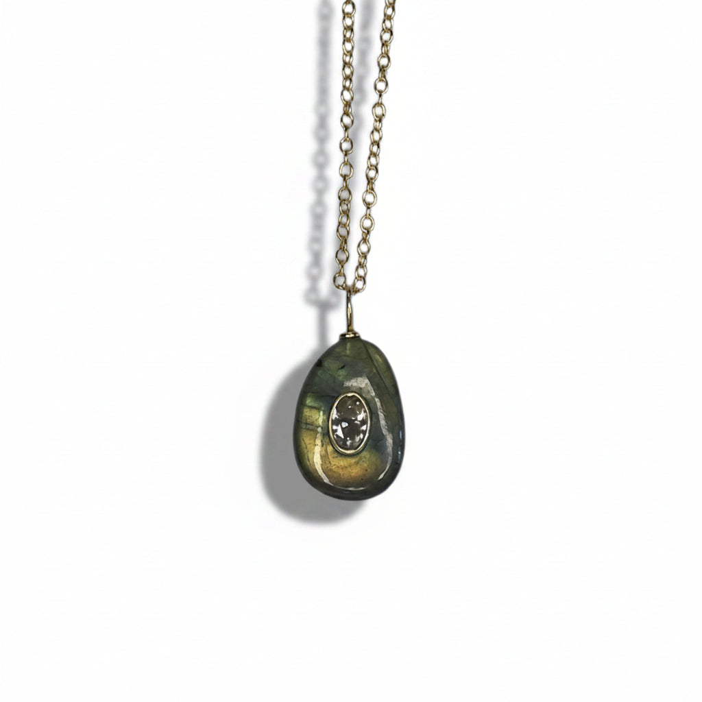 labradorite, labradorite necklace, white topaz, topaz necklace, jewelry, 14k gold-fill, hand-crafted, rebekah brooks, women-owned, local
