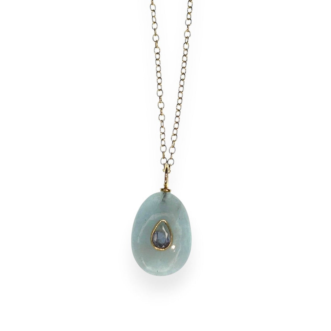 Teardrop Raw Aquamarine with Blue Zircon Pendant Necklace